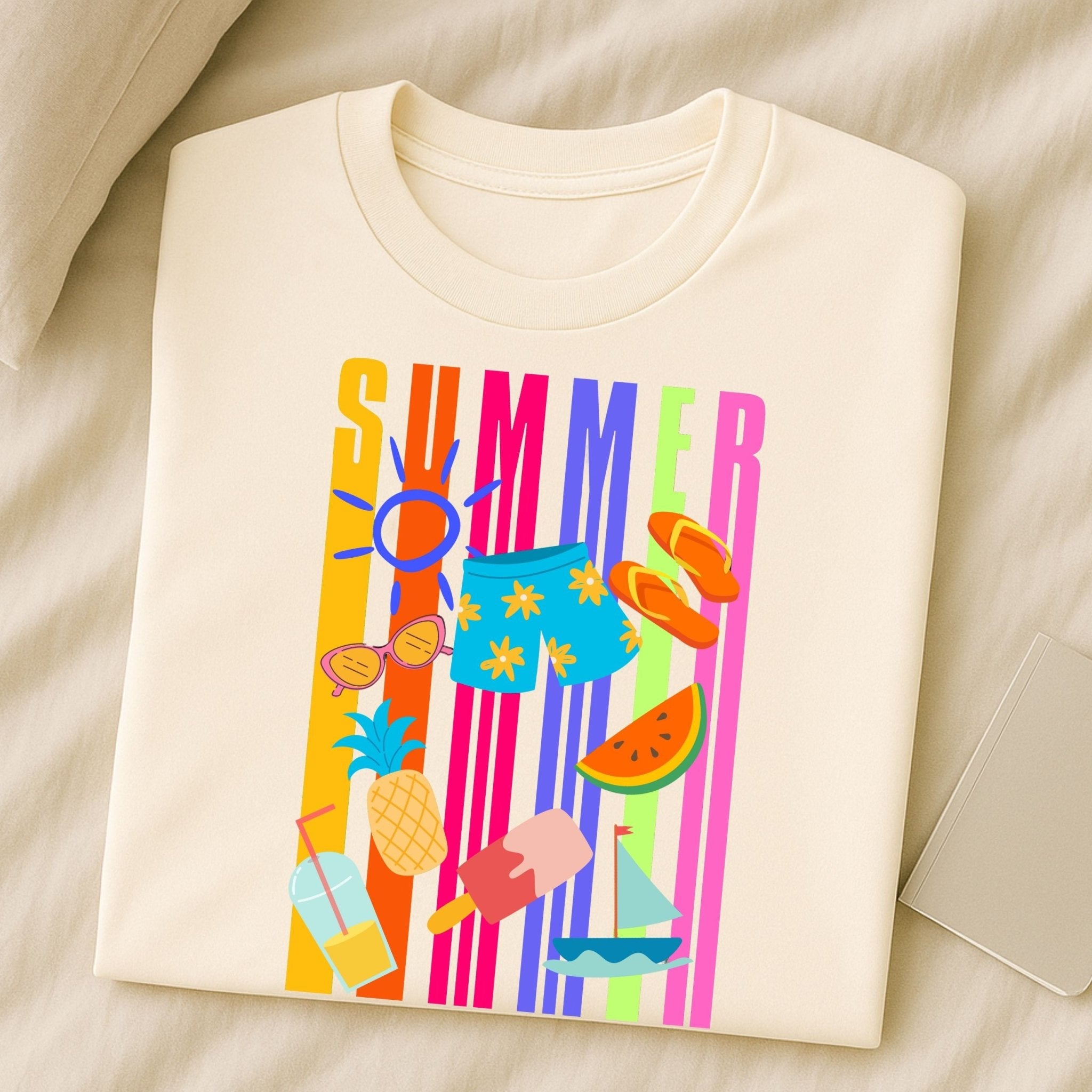 Summer Graphic T-Shirt, Bright Holiday Icons Tee, Fun Beach Vibes Shirt for Men - Craig Michael Design