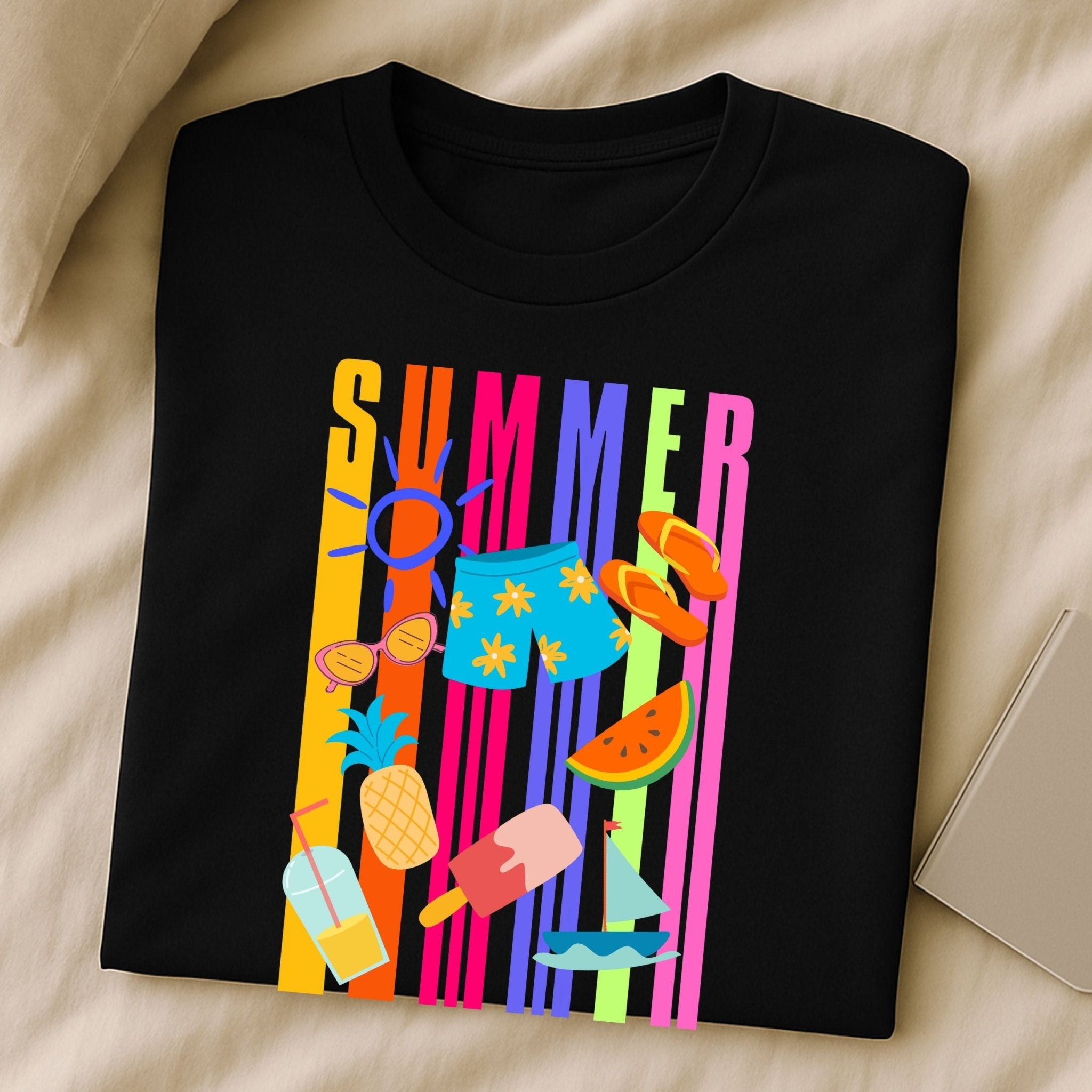 Summer Graphic T-Shirt, Bright Holiday Icons Tee, Fun Beach Vibes Shirt for Men - Craig Michael Design