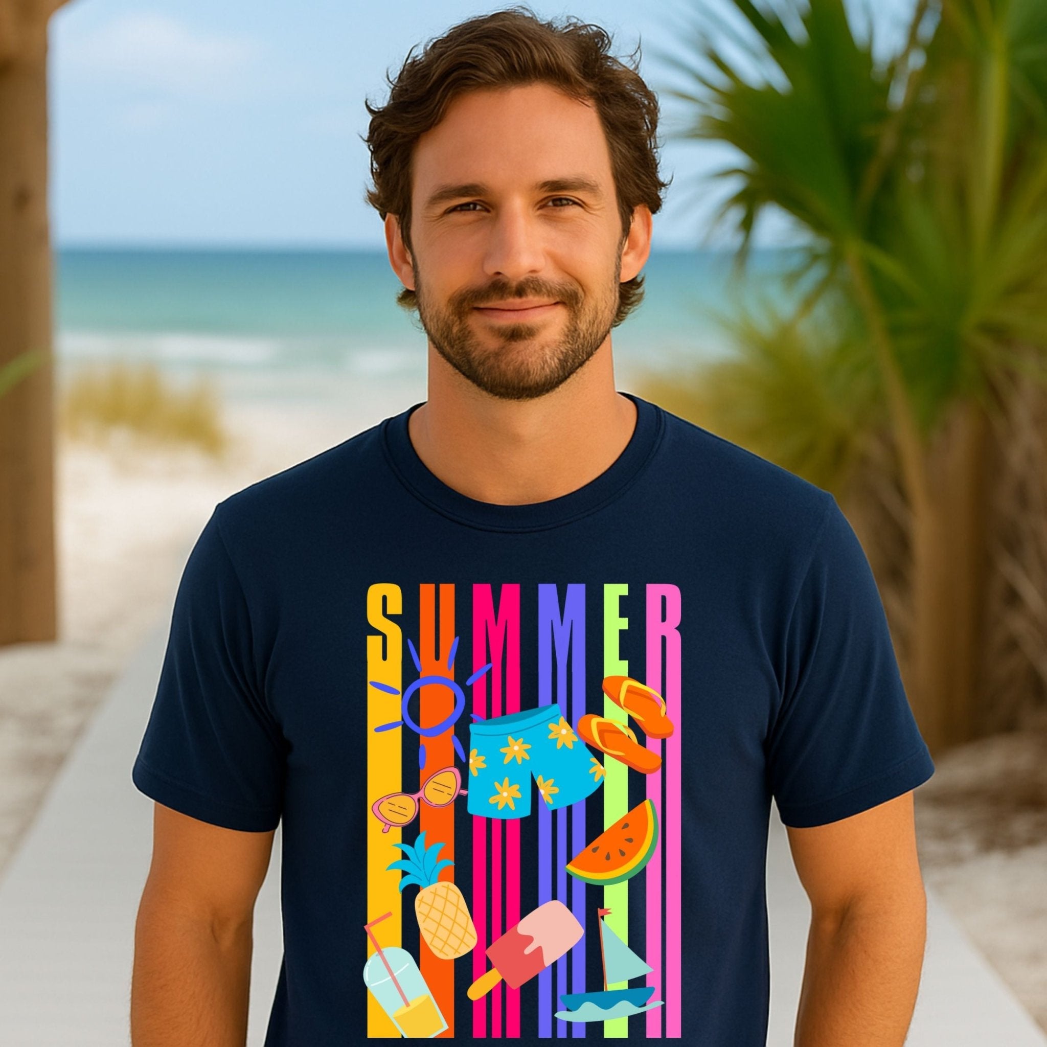 Summer Graphic T-Shirt, Bright Holiday Icons Tee, Fun Beach Vibes Shirt for Men - Craig Michael Design
