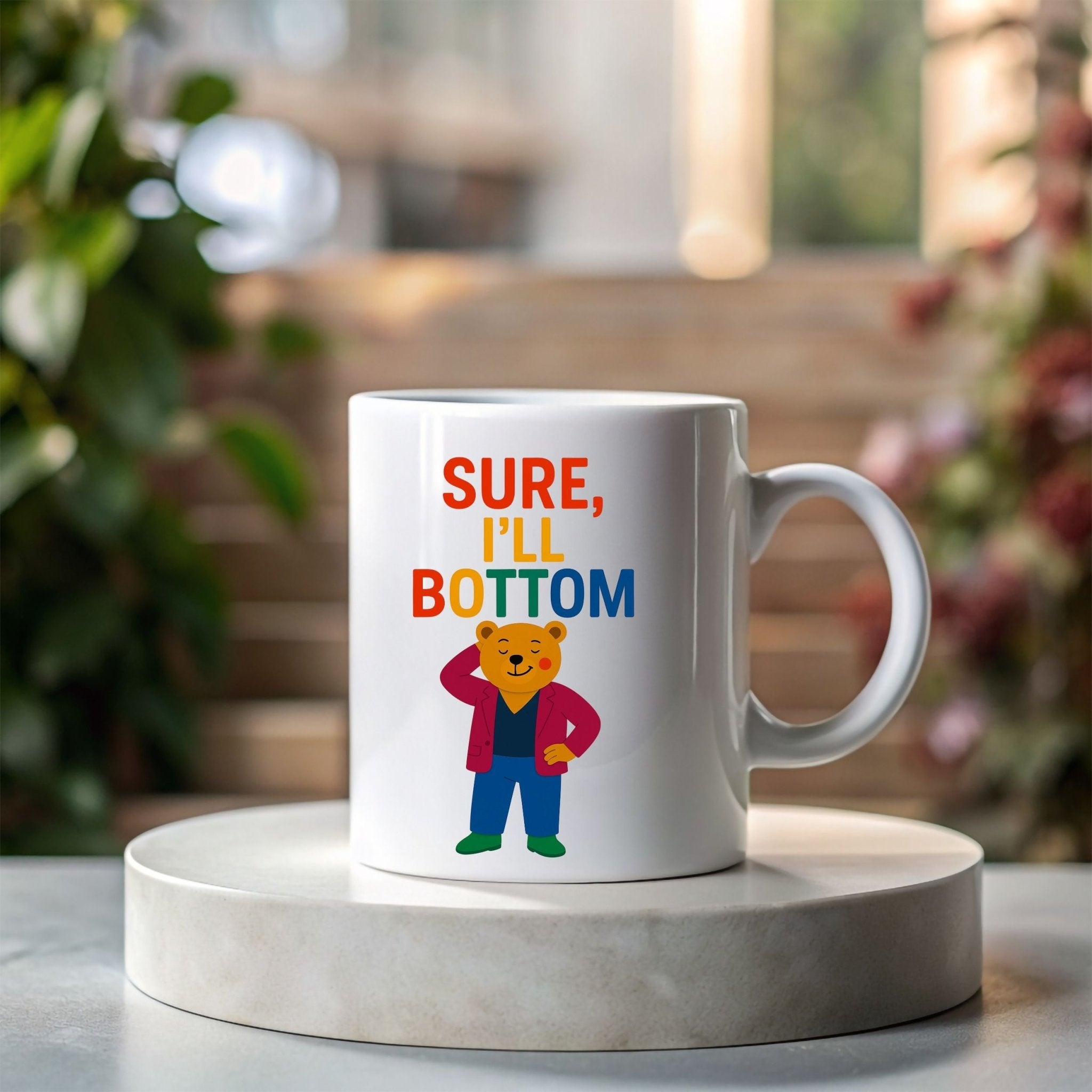 Sure I’ll Bottom Mug, Funny Gay Bear Coffee Cup, Embroidered Style LGBTQ Gift, Rainbow Queer Humour Mug, Cheeky Pride Present - Craig Michael Design