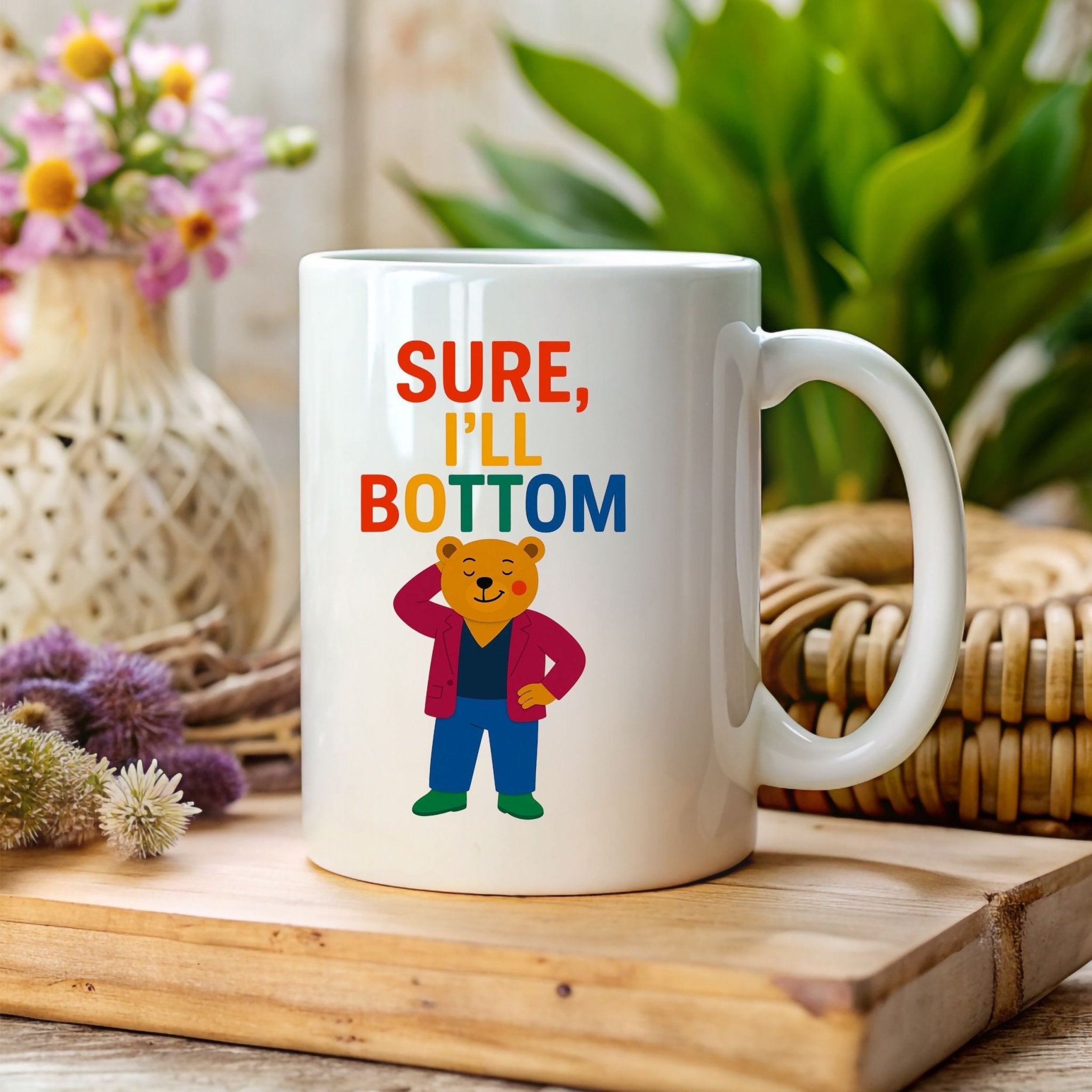 Sure I’ll Bottom Mug, Funny Gay Bear Coffee Cup, Embroidered Style LGBTQ Gift, Rainbow Queer Humour Mug, Cheeky Pride Present - Craig Michael Design