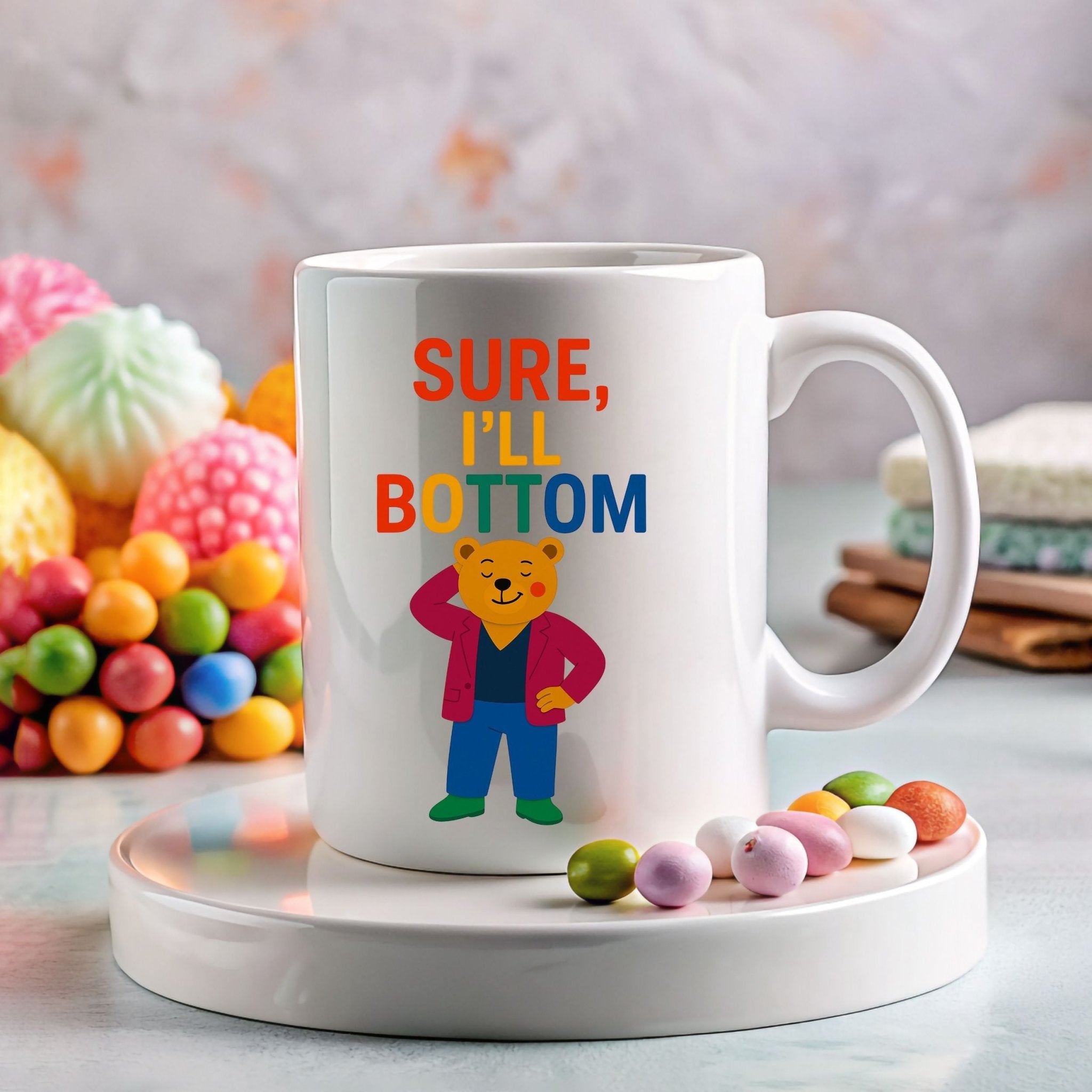 Sure I’ll Bottom Mug, Funny Gay Bear Coffee Cup, Embroidered Style LGBTQ Gift, Rainbow Queer Humour Mug, Cheeky Pride Present - Craig Michael Design