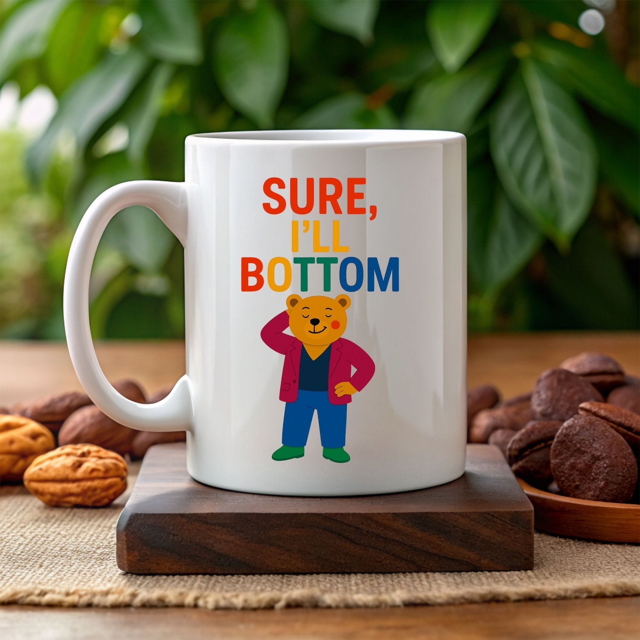 Sure I’ll Bottom Mug, Funny Gay Bear Coffee Cup, Embroidered Style LGBTQ Gift, Rainbow Queer Humour Mug, Cheeky Pride Present - Craig Michael Design
