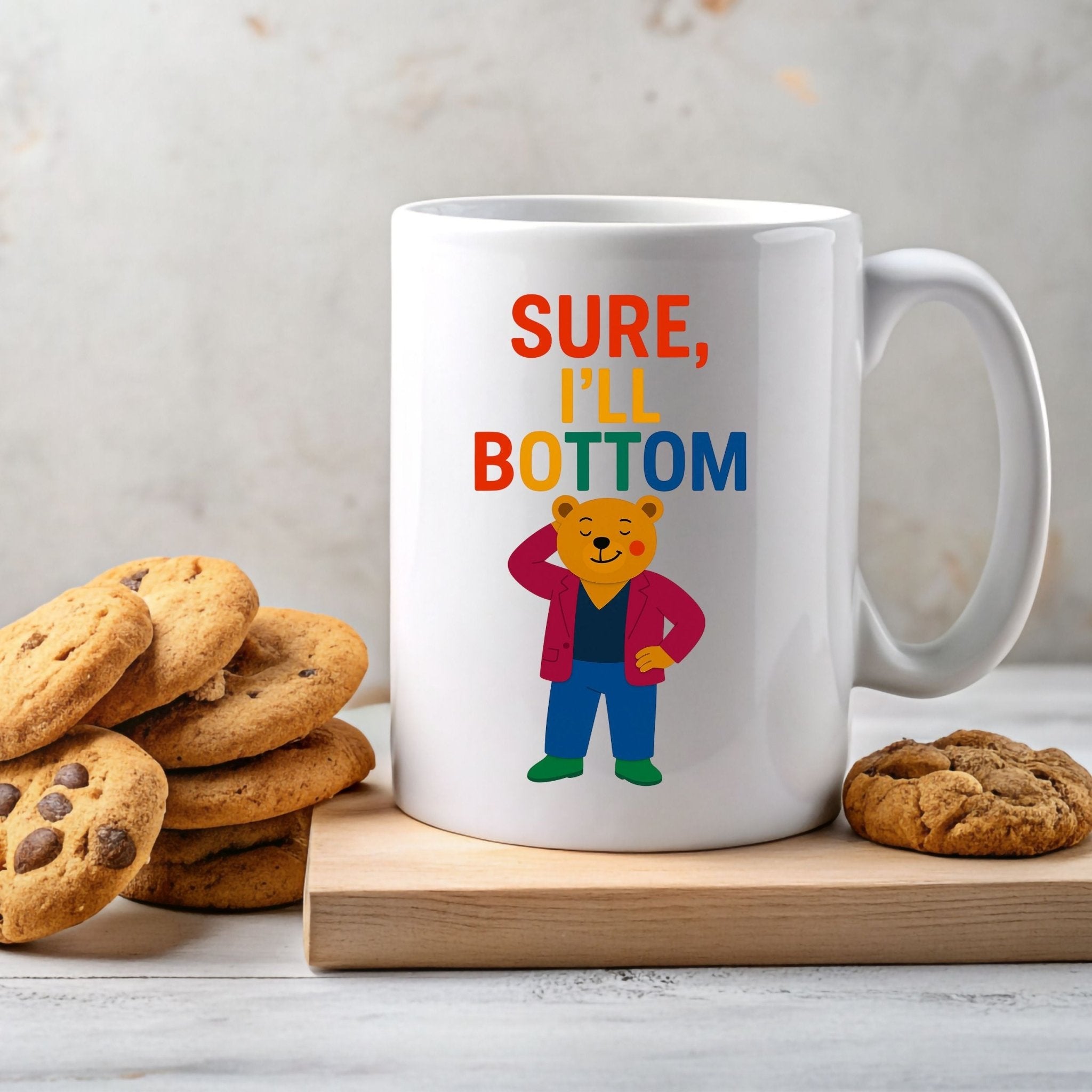 Sure I’ll Bottom Mug, Funny Gay Bear Coffee Cup, Embroidered Style LGBTQ Gift, Rainbow Queer Humour Mug, Cheeky Pride Present - Craig Michael Design