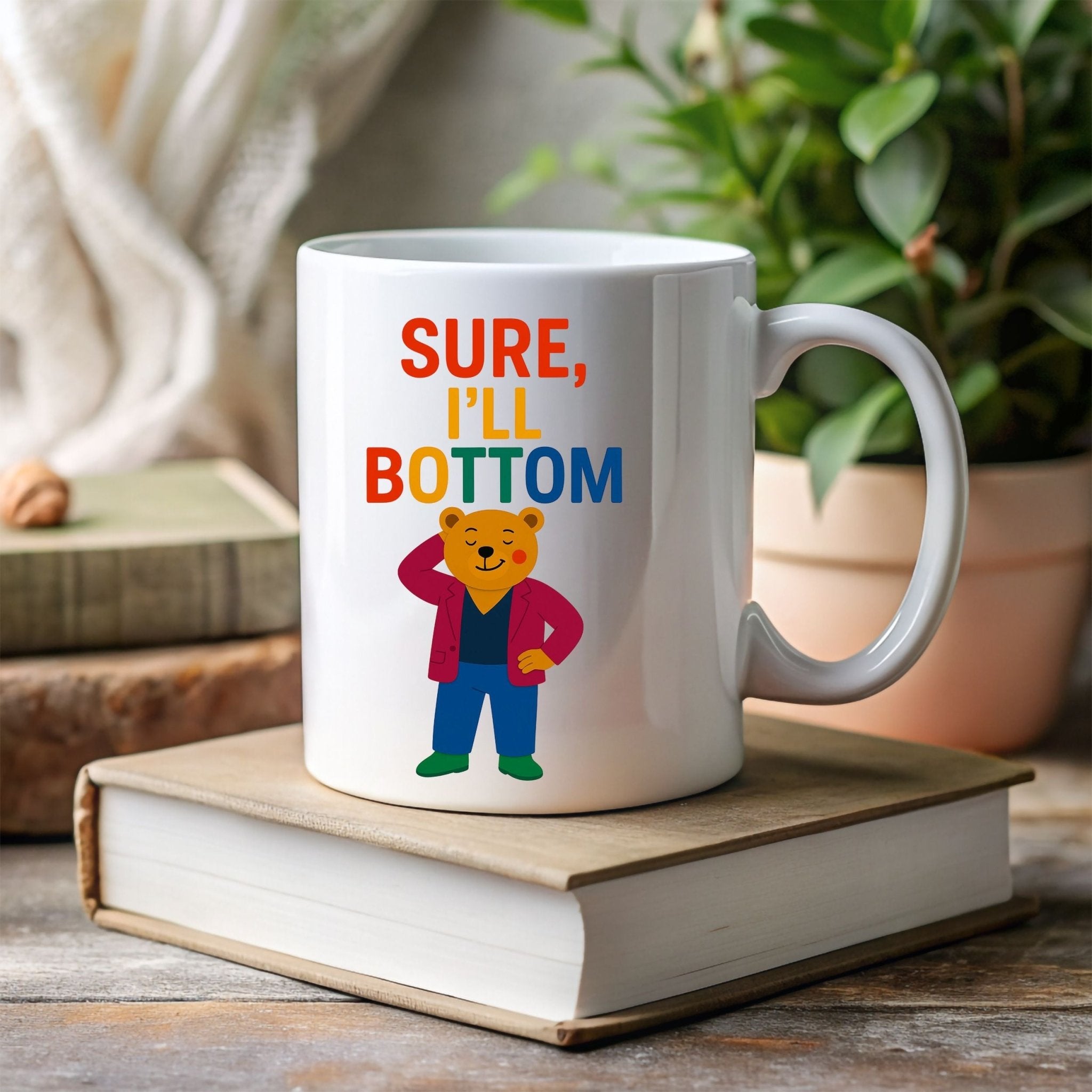 Sure I’ll Bottom Mug, Funny Gay Bear Coffee Cup, Embroidered Style LGBTQ Gift, Rainbow Queer Humour Mug, Cheeky Pride Present - Craig Michael Design