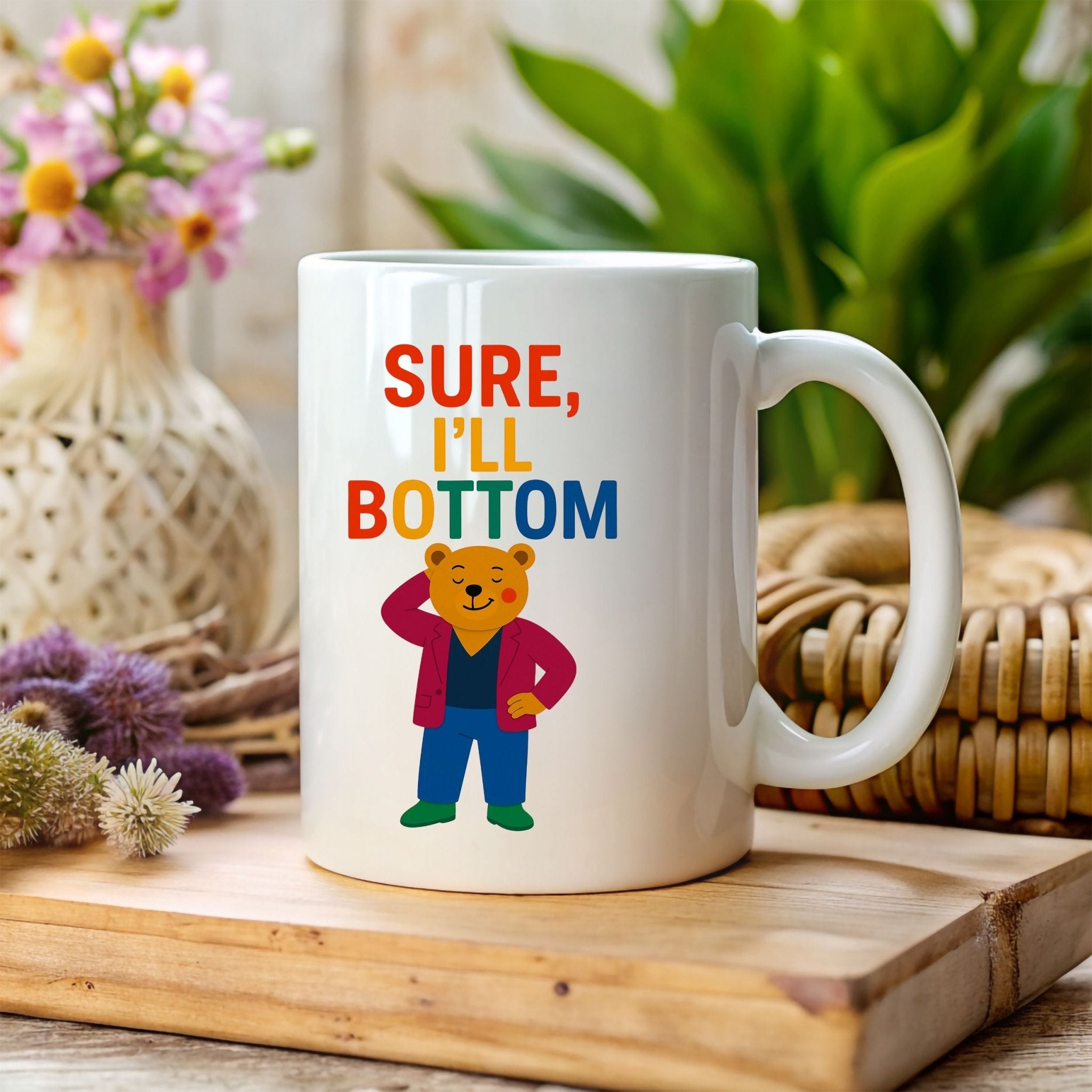 Sure I’ll Bottom Mug, Funny Gay Bear Coffee Cup, Embroidered Style LGBTQ Gift, Rainbow Queer Humour Mug, Cheeky Pride Present - Craig Michael Design