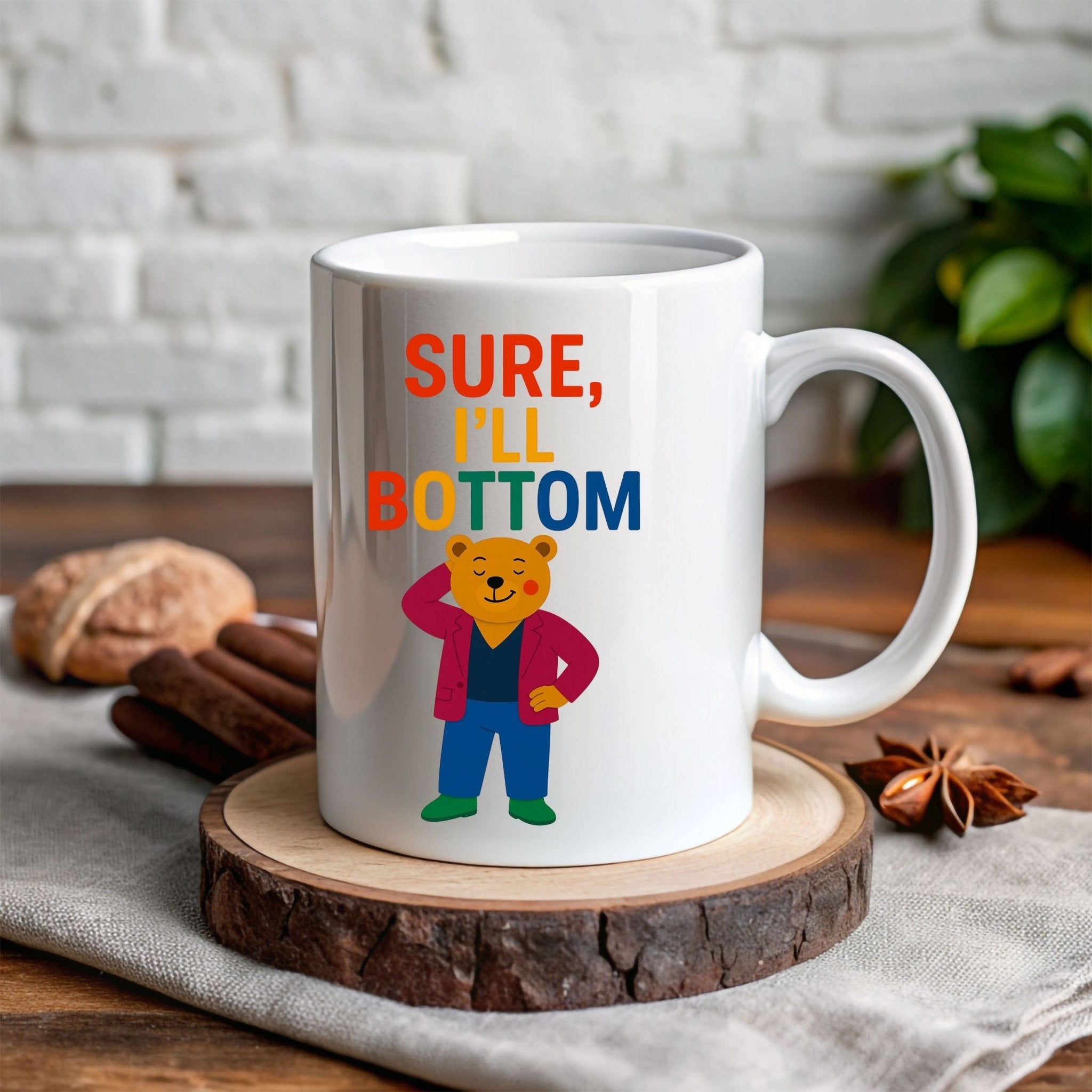 Sure I’ll Bottom Mug, Funny Gay Bear Coffee Cup, Embroidered Style LGBTQ Gift, Rainbow Queer Humour Mug, Cheeky Pride Present - Craig Michael Design