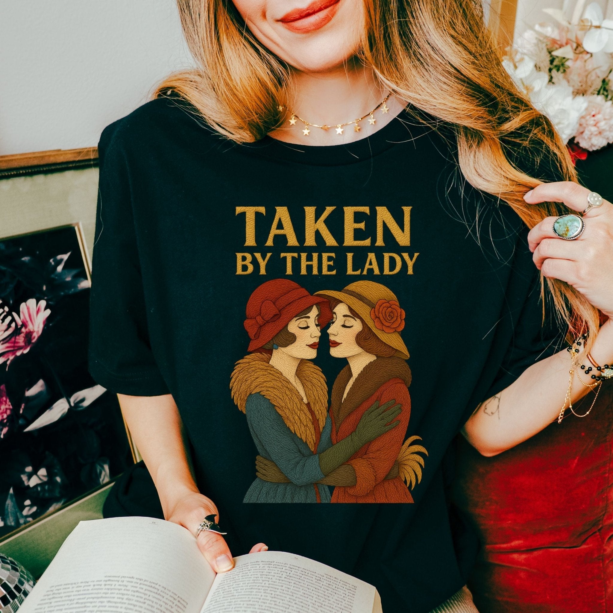 Taken by the Lady Tee, Vintage Lesbian Couple T-Shirt, Embroidered Style Femme Pride Gift, Romantic Queer Shirt for Her - Craig Michael Design