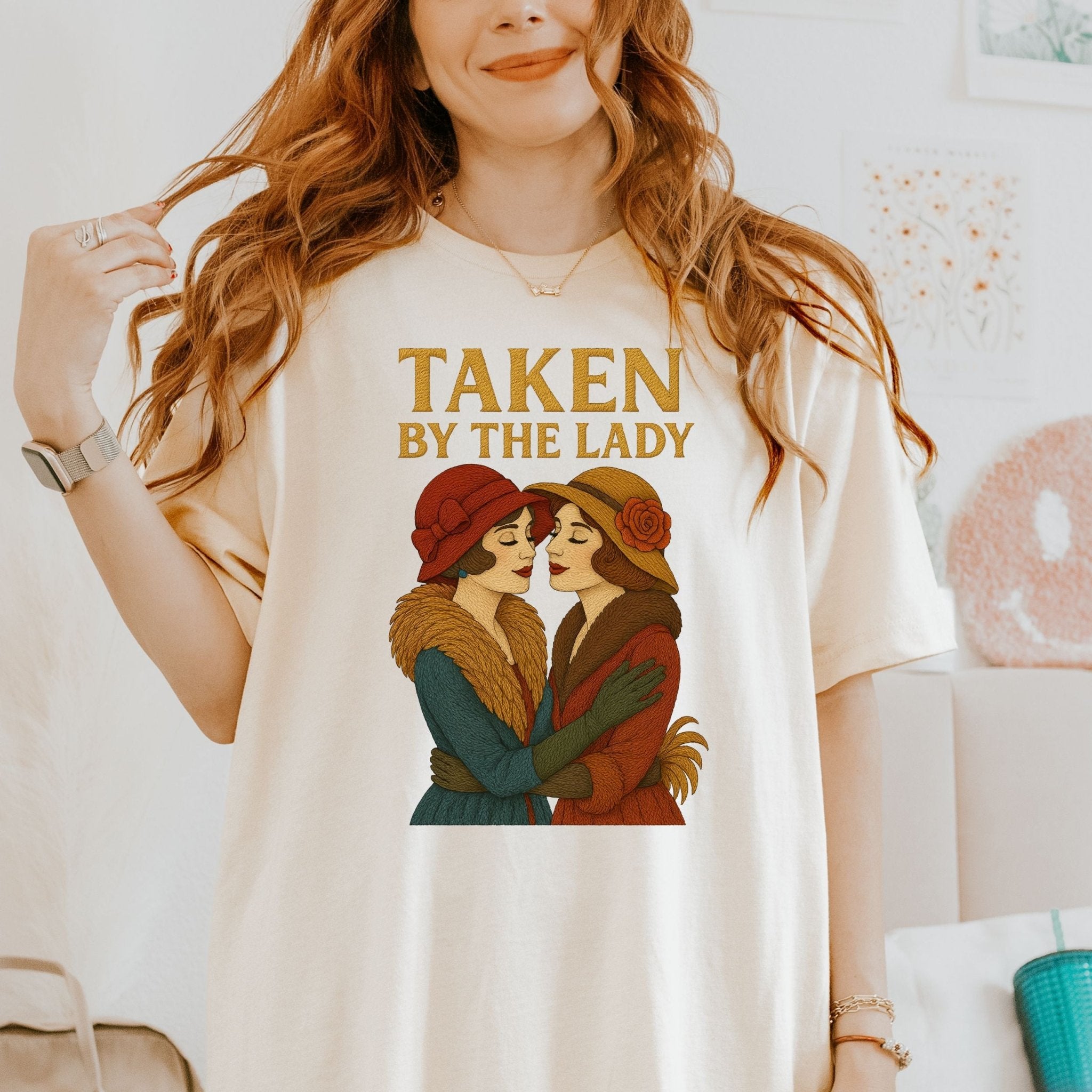Taken by the Lady Tee, Vintage Lesbian Couple T-Shirt, Embroidered Style Femme Pride Gift, Romantic Queer Shirt for Her - Craig Michael Design