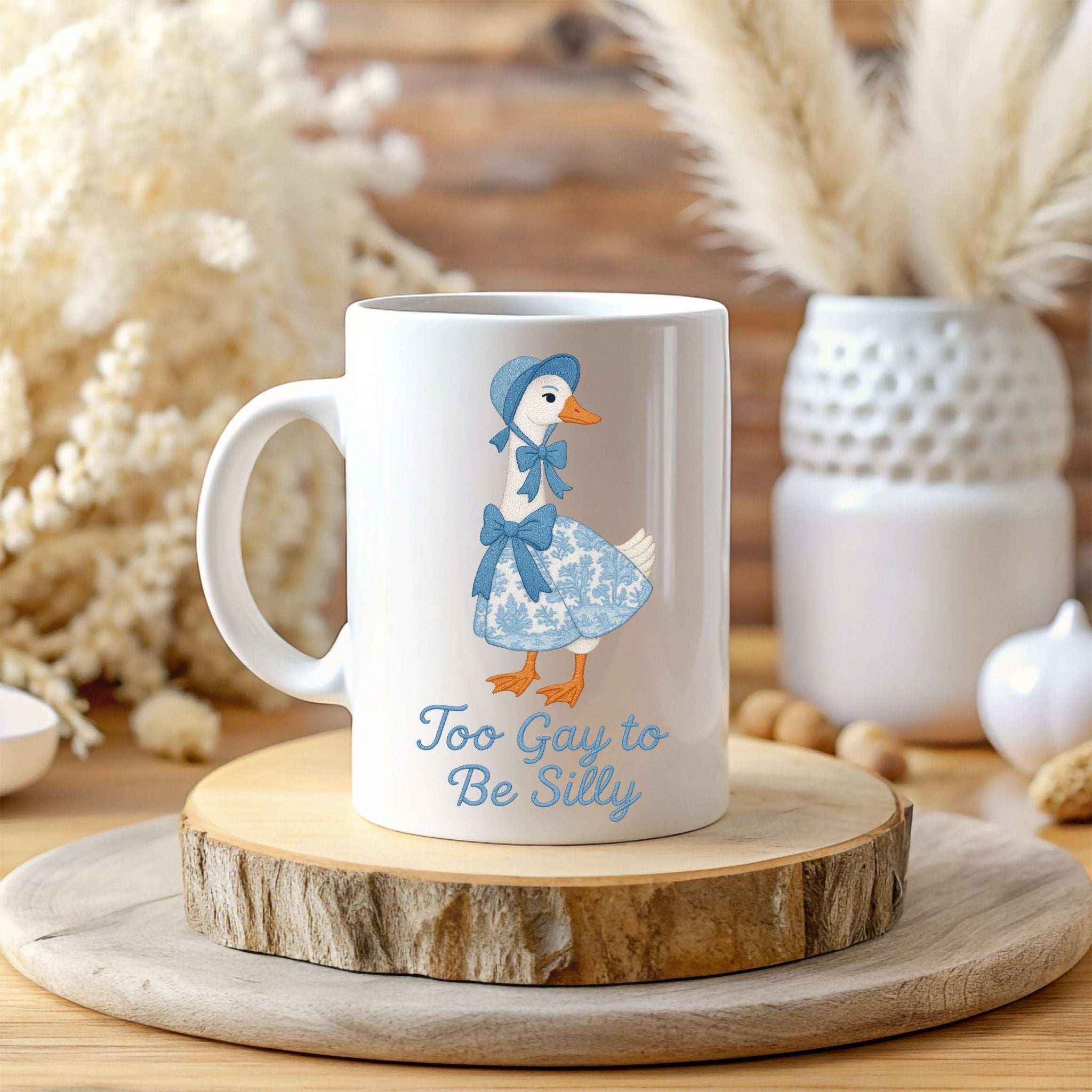 Too Gay to Be Silly Mug, Cottagecore Goose Cup, Embroidered Style LGBTQ Pride Gift, Funny Gay Coffee Mug for Him or Her - Craig Michael Design