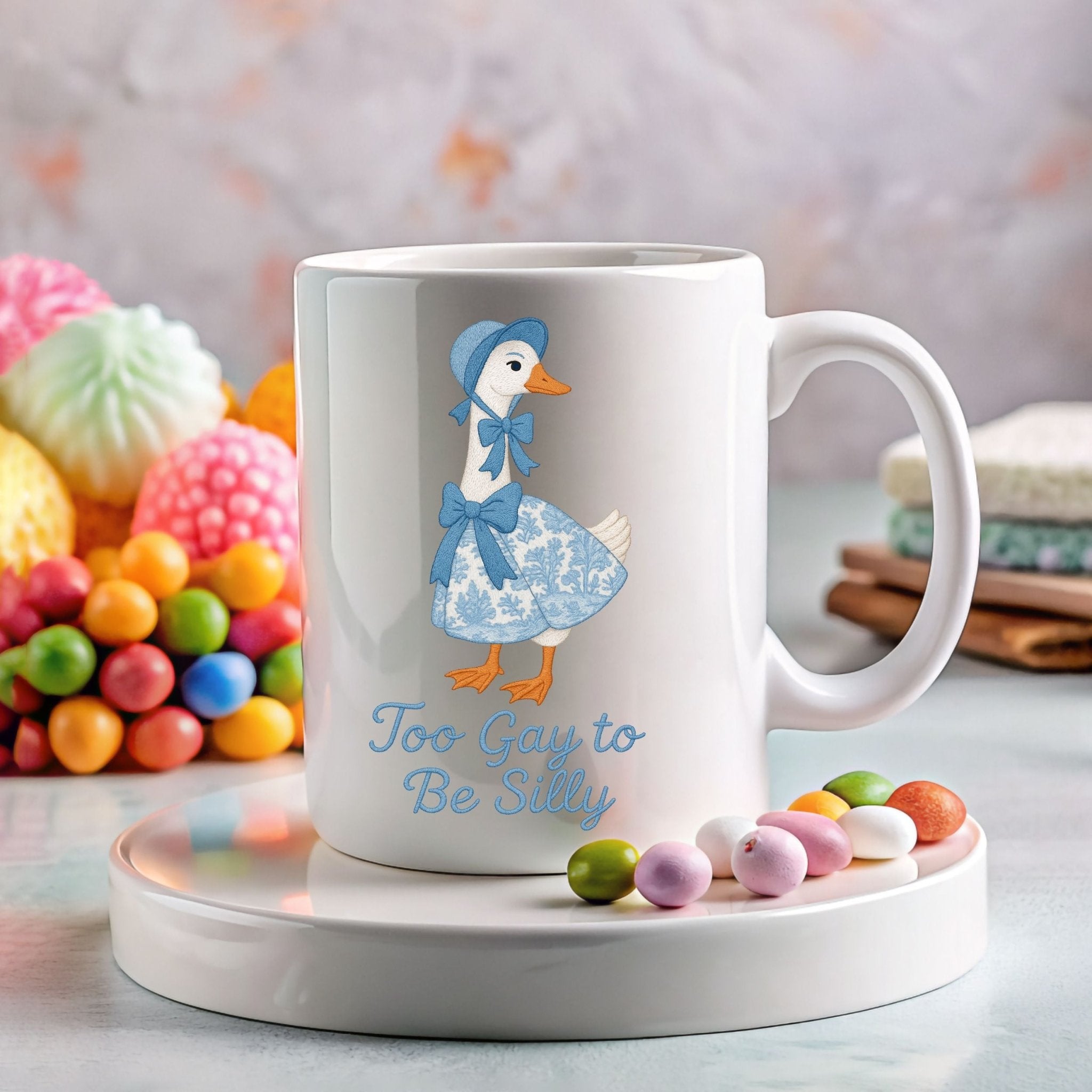 Too Gay to Be Silly Mug, Cottagecore Goose Cup, Embroidered Style LGBTQ Pride Gift, Funny Gay Coffee Mug for Him or Her - Craig Michael Design
