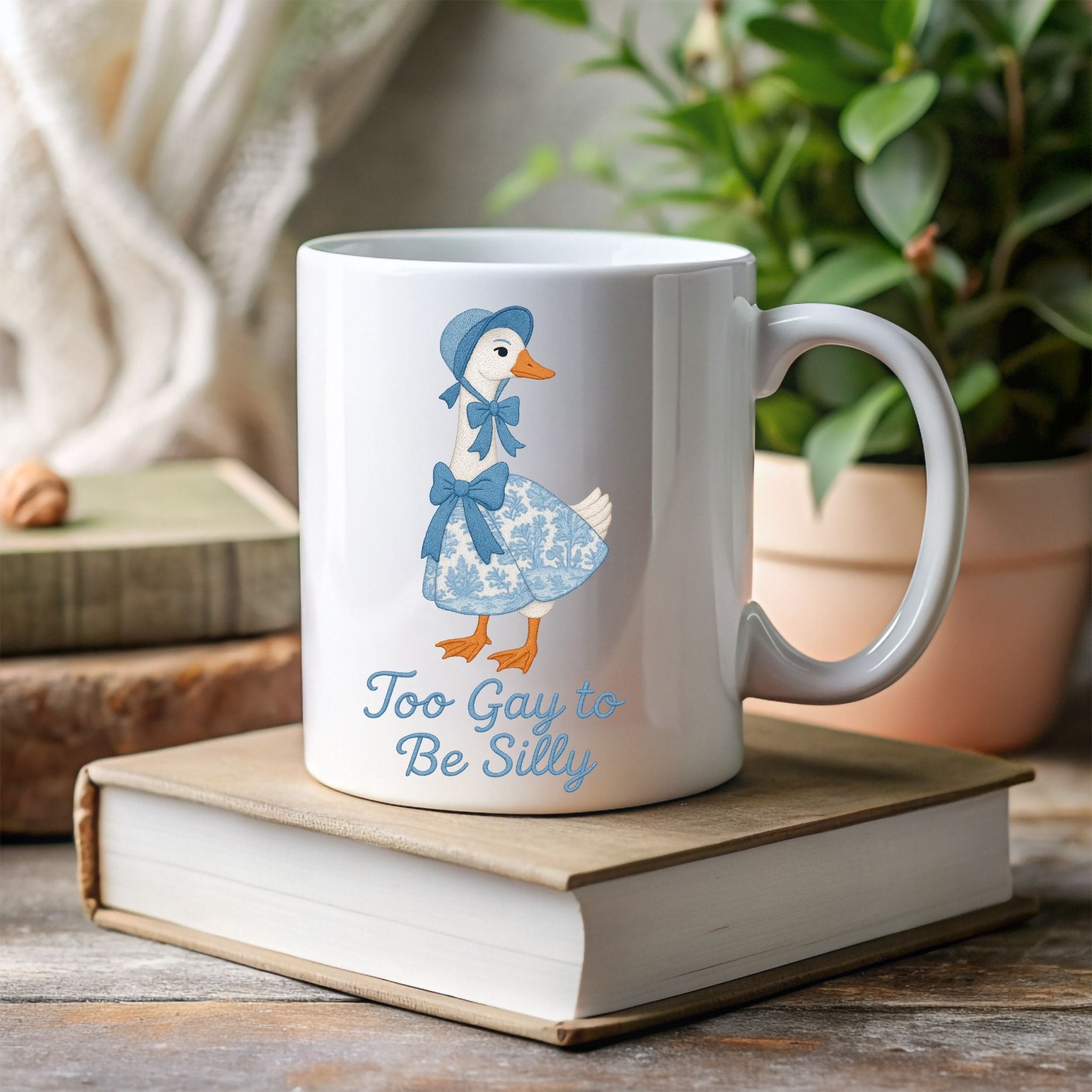 Too Gay to Be Silly Mug, Cottagecore Goose Cup, Embroidered Style LGBTQ Pride Gift, Funny Gay Coffee Mug for Him or Her - Craig Michael Design