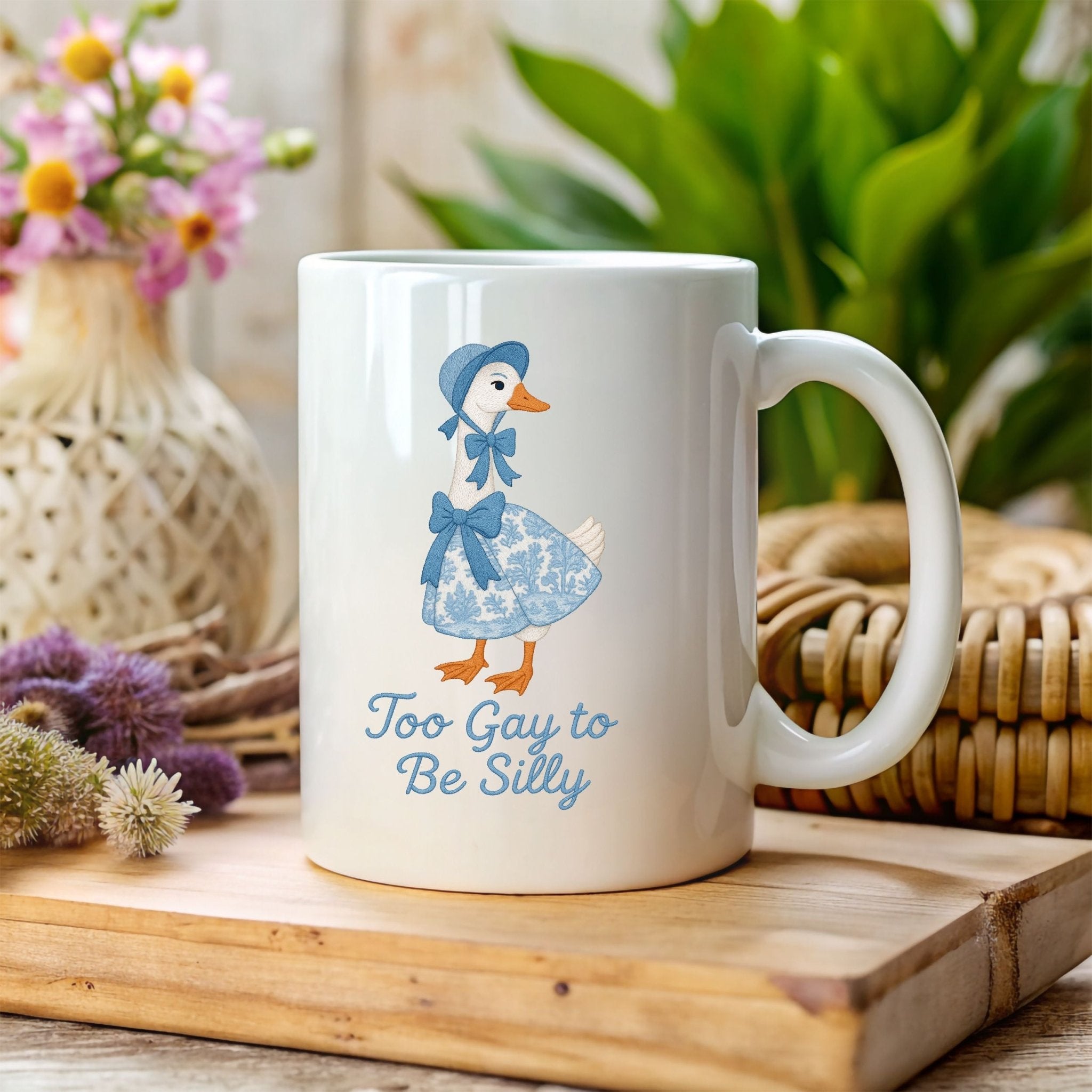 Too Gay to Be Silly Mug, Cottagecore Goose Cup, Embroidered Style LGBTQ Pride Gift, Funny Gay Coffee Mug for Him or Her - Craig Michael Design