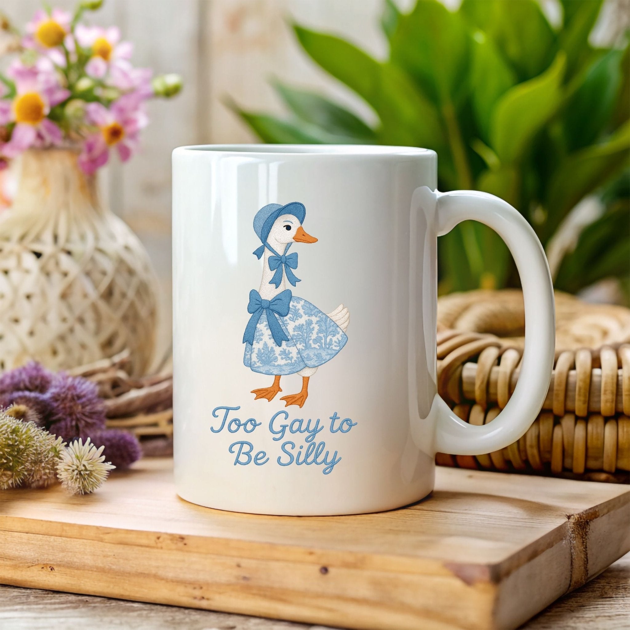 Too Gay to Be Silly Mug, Cottagecore Goose Cup, Embroidered Style LGBTQ Pride Gift, Funny Gay Coffee Mug for Him or Her - Craig Michael Design