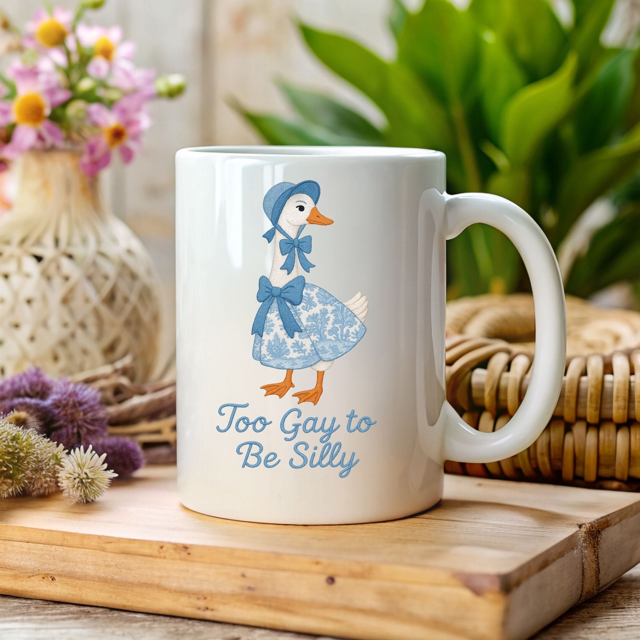 Too Gay to Be Silly Mug, Cottagecore Goose Cup, Embroidered Style LGBTQ Pride Gift, Funny Gay Coffee Mug for Him or Her - Craig Michael Design