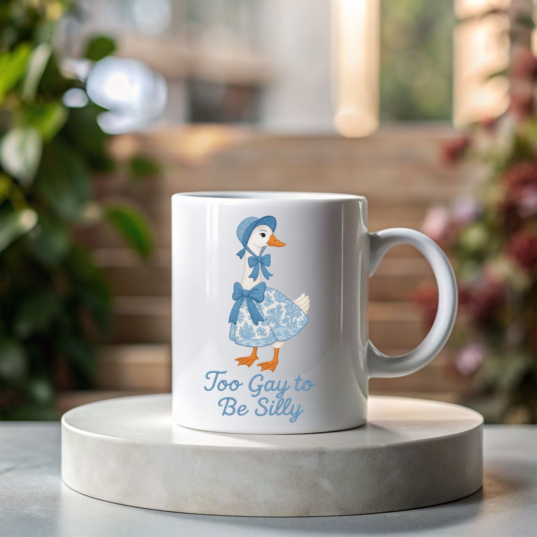 Too Gay to Be Silly Mug, Cottagecore Goose Cup, Embroidered Style LGBTQ Pride Gift, Funny Gay Coffee Mug for Him or Her - Craig Michael Design