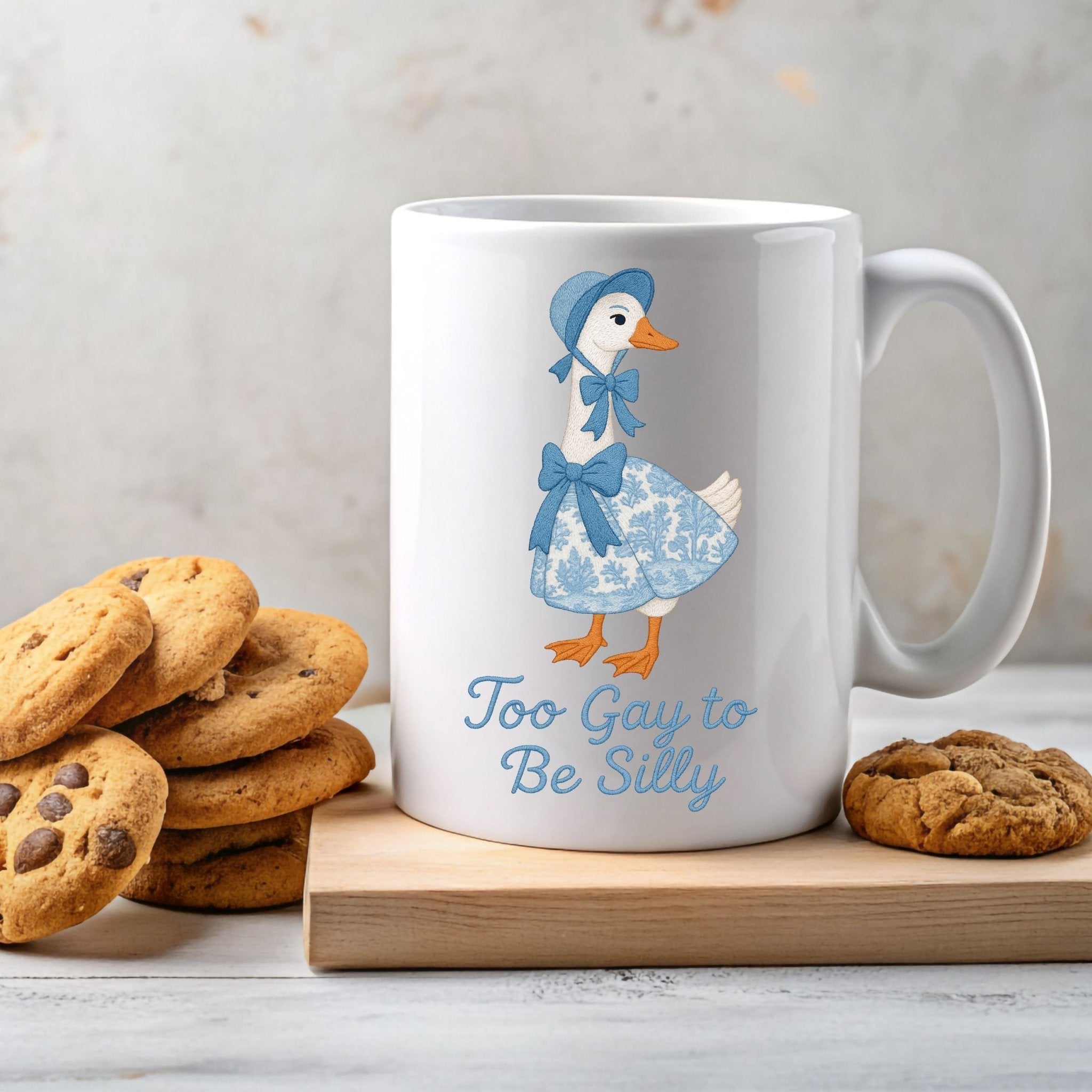 Too Gay to Be Silly Mug, Cottagecore Goose Cup, Embroidered Style LGBTQ Pride Gift, Funny Gay Coffee Mug for Him or Her - Craig Michael Design
