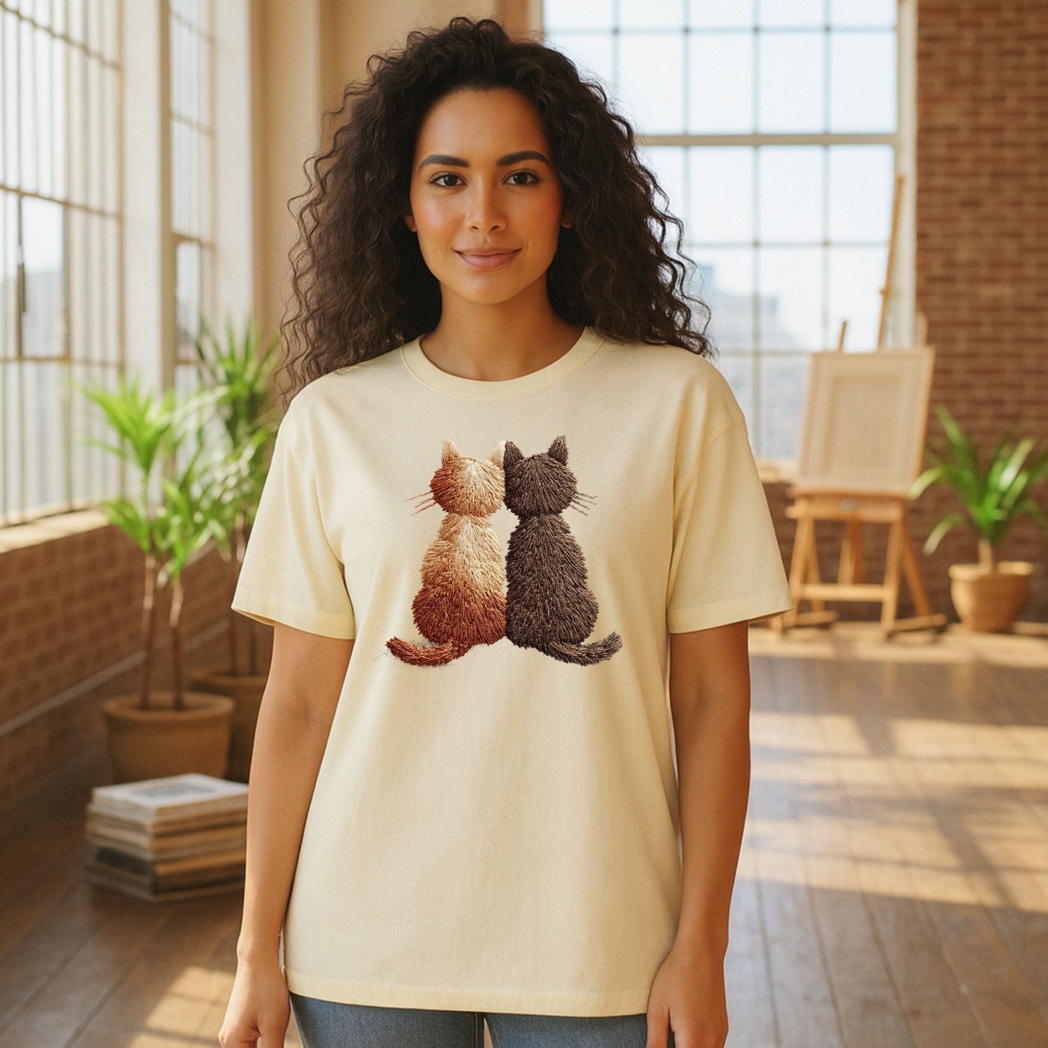 Two Cats Embroidered Style T-Shirt - Craig Michael Design