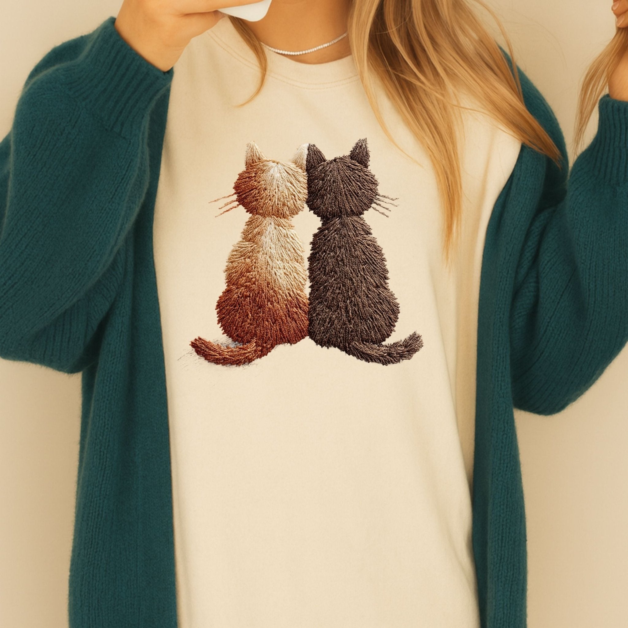 Two Cats Embroidered Style T-Shirt - Craig Michael Design