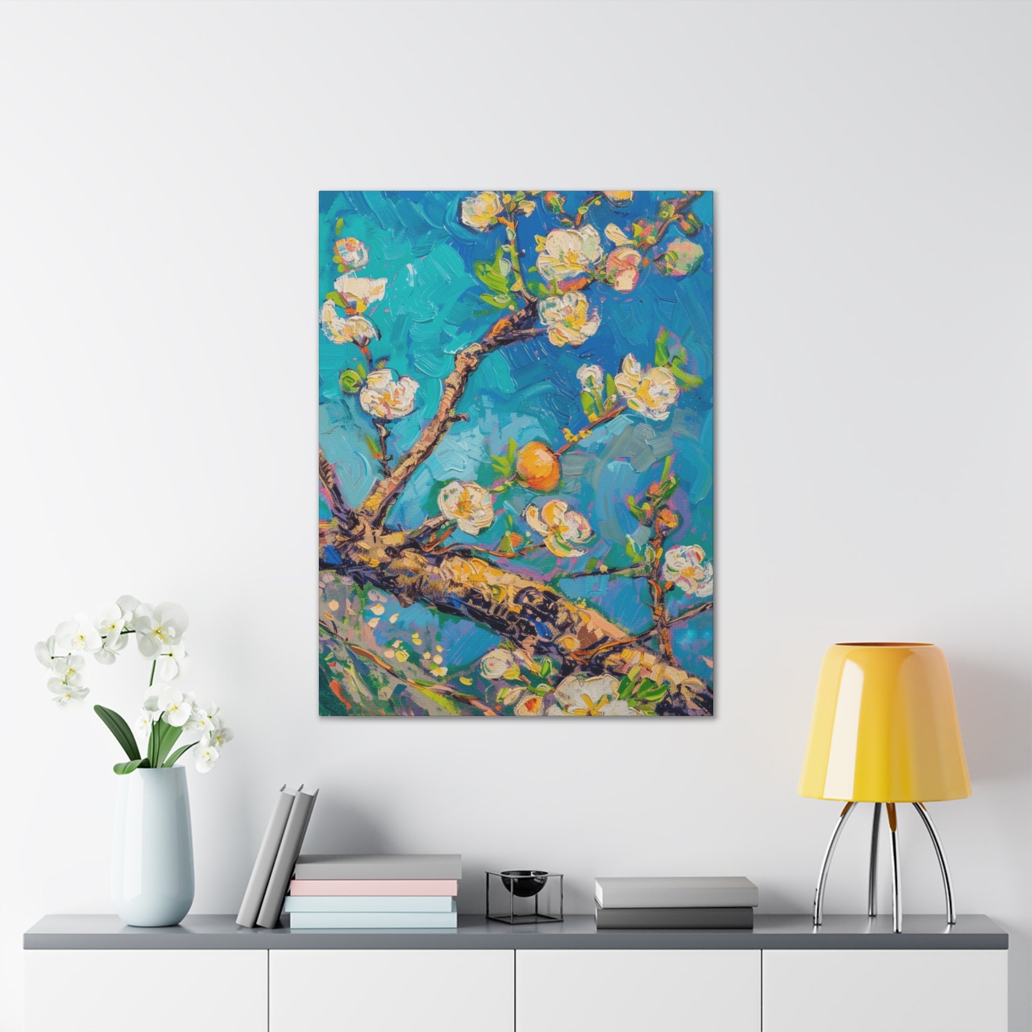 Vibrant abstract impressionist painting, oil pastel artwork, apricot blossoms, plum blossoms, Spring Awakening on Canvas - Craig Michael Design