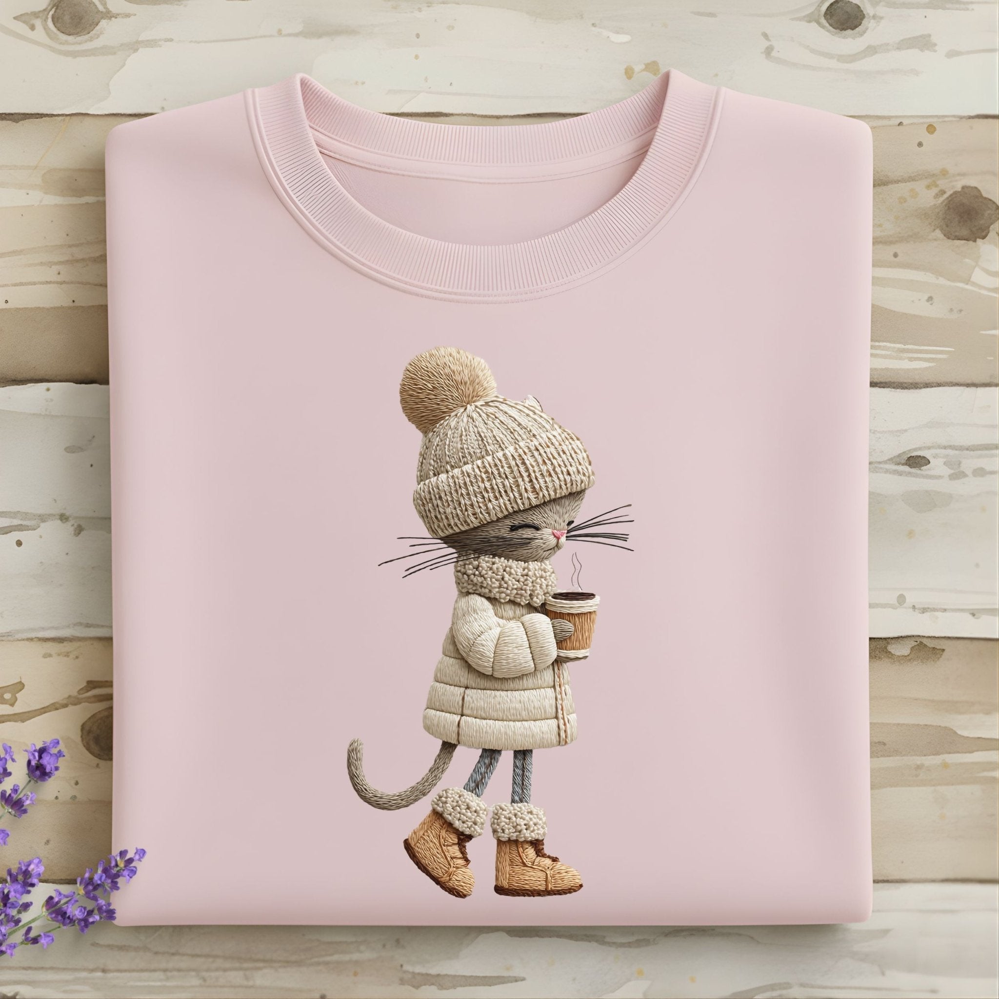 Winter Coffee Cat T-Shirt – Cozy Embroidered Style - Craig Michael Design
