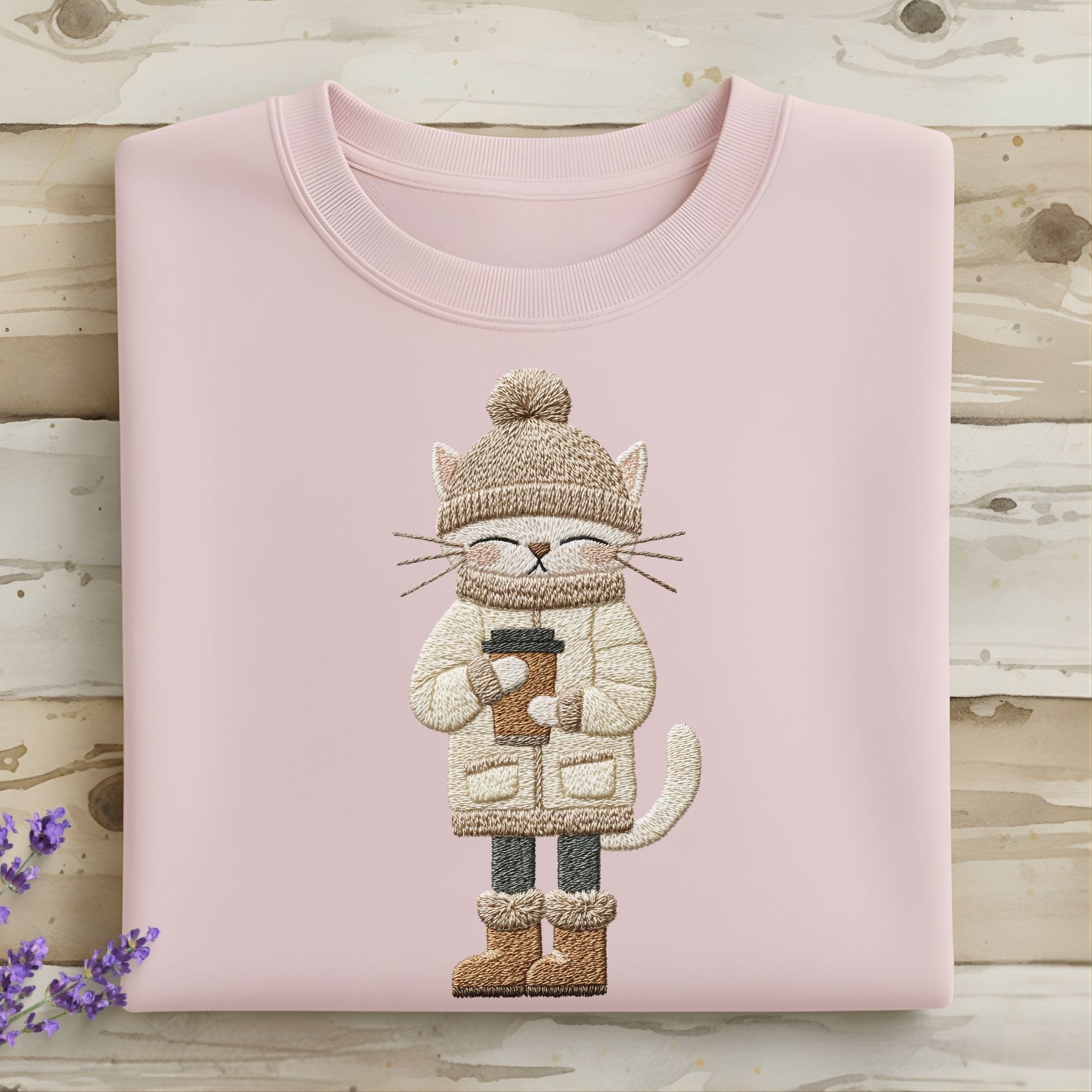 Winter Coffee Cat T-Shirt – Embroidered Style - Craig Michael Design
