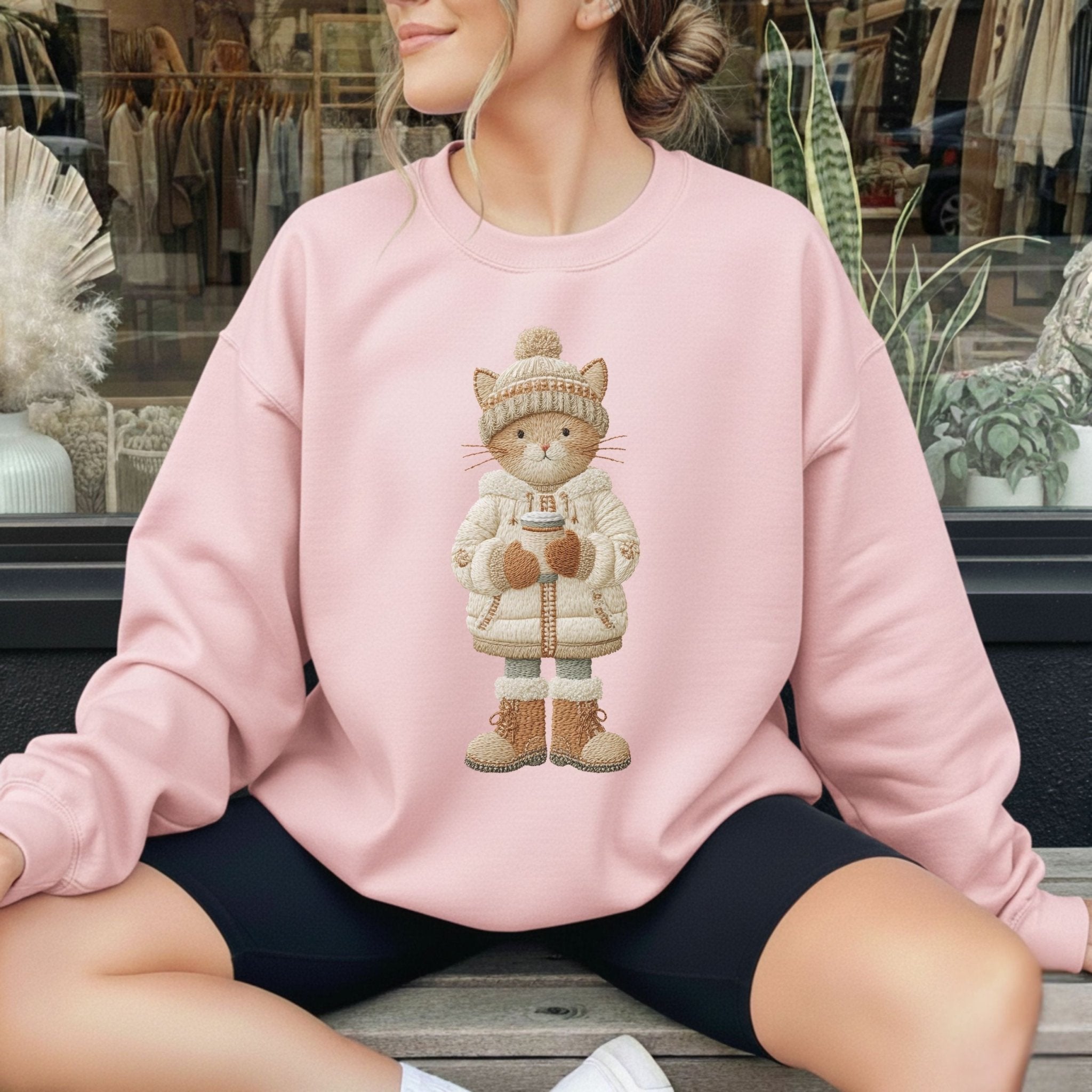 Winter Cozy Cat Sweatshirt – Embroidered Style - Craig Michael Design