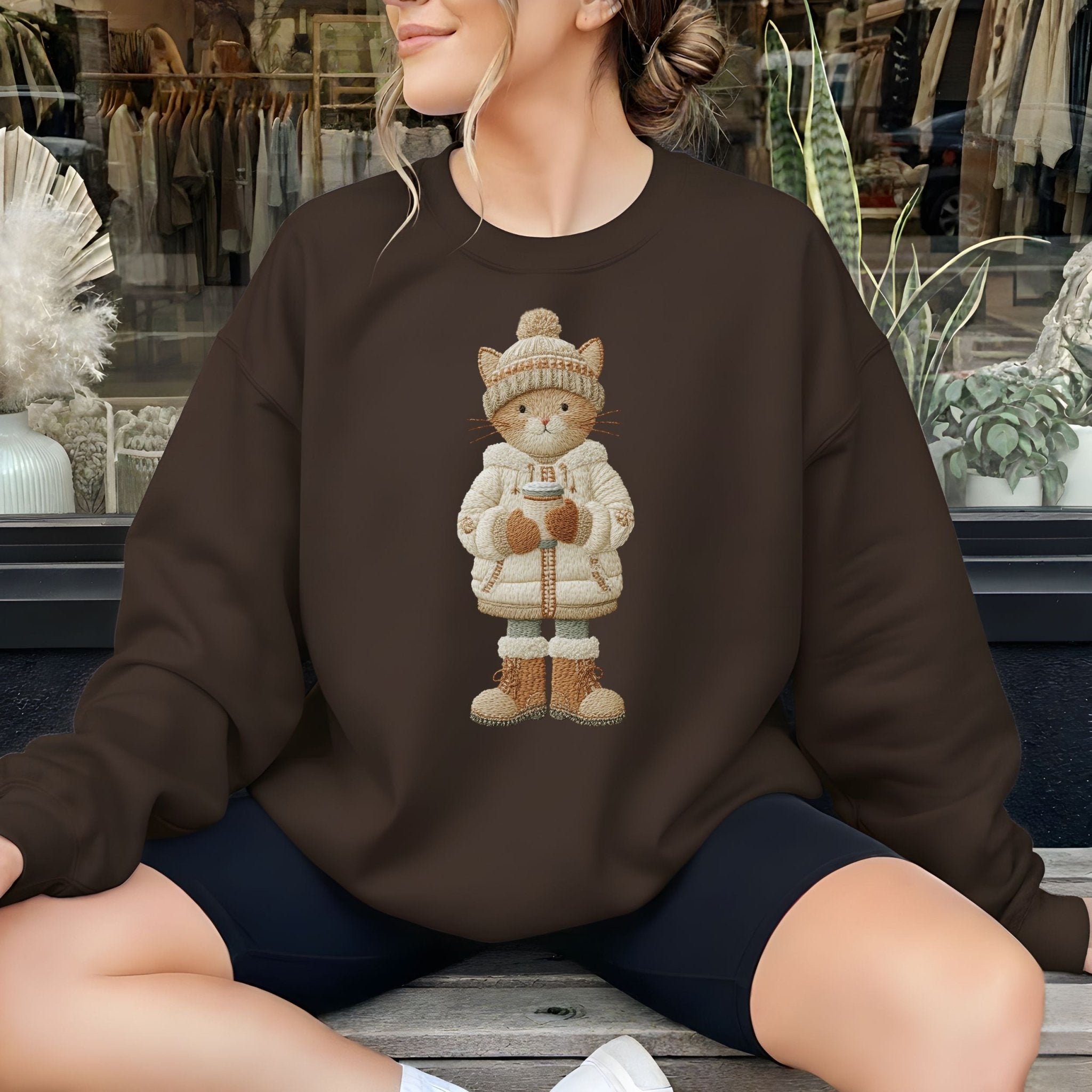 Winter Cozy Cat Sweatshirt – Embroidered Style - Craig Michael Design