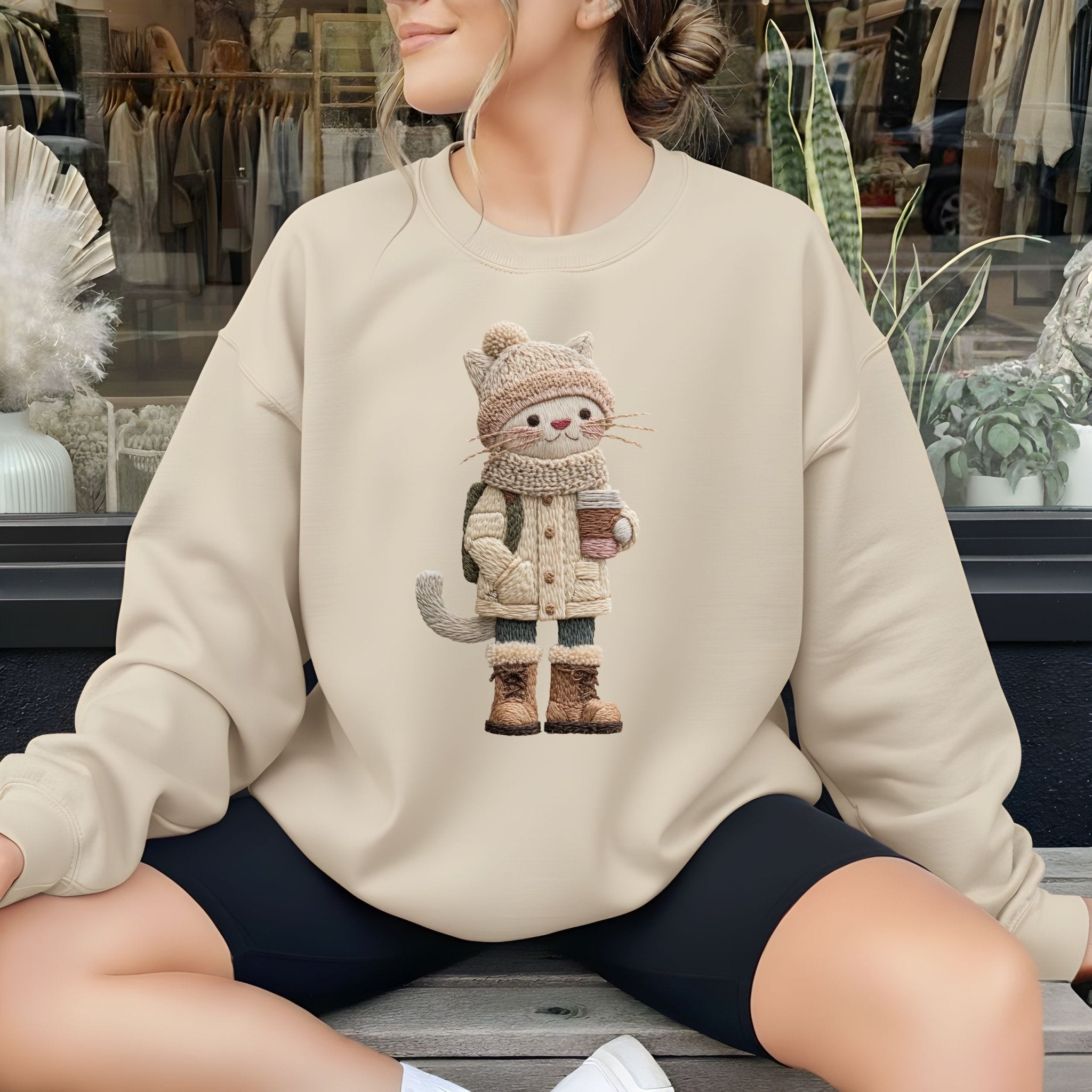 Winter Snuggly Cat Sweatshirt – Embroidered Style - Craig Michael Design