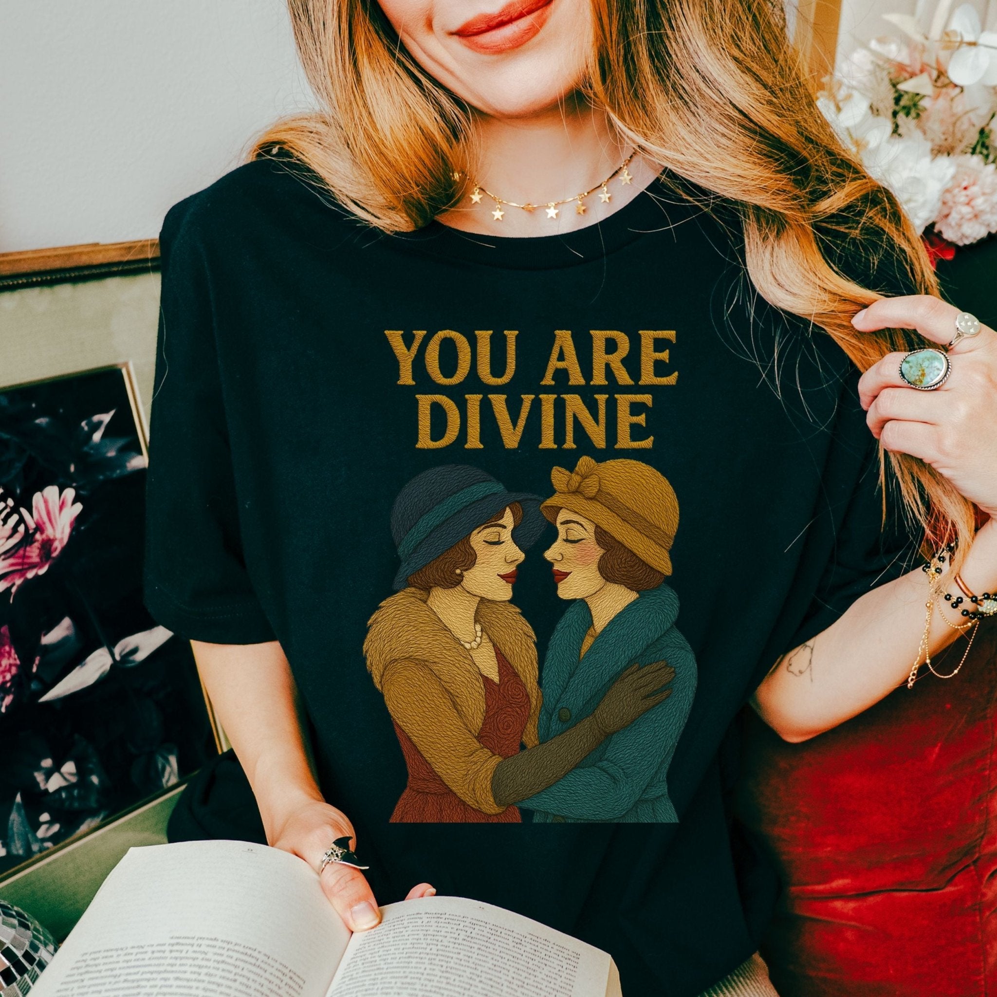 You Are Divine Tee, Vintage Lesbian Couple T-Shirt, Embroidered Style Sapphic Affirmation Shirt, Queer Pride Gift for Her - Craig Michael Design