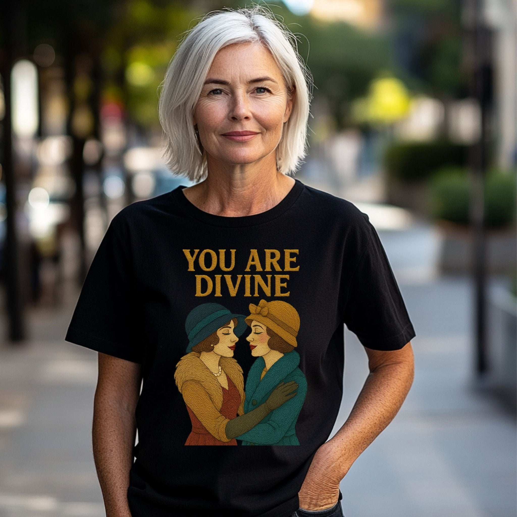 You Are Divine Tee, Vintage Lesbian Couple T-Shirt, Embroidered Style Sapphic Affirmation Shirt, Queer Pride Gift for Her - Craig Michael Design