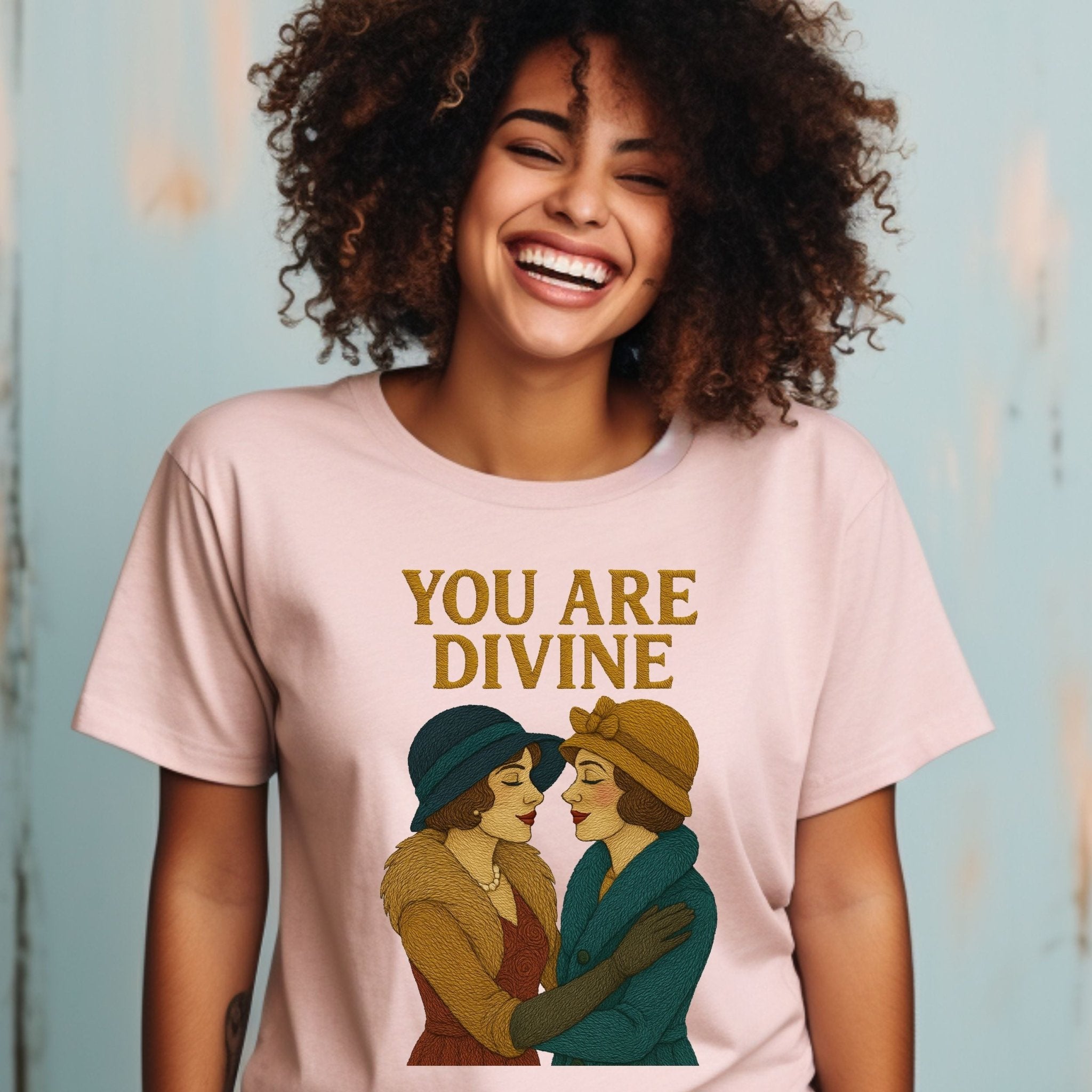 You Are Divine Tee, Vintage Lesbian Couple T-Shirt, Embroidered Style Sapphic Affirmation Shirt, Queer Pride Gift for Her - Craig Michael Design