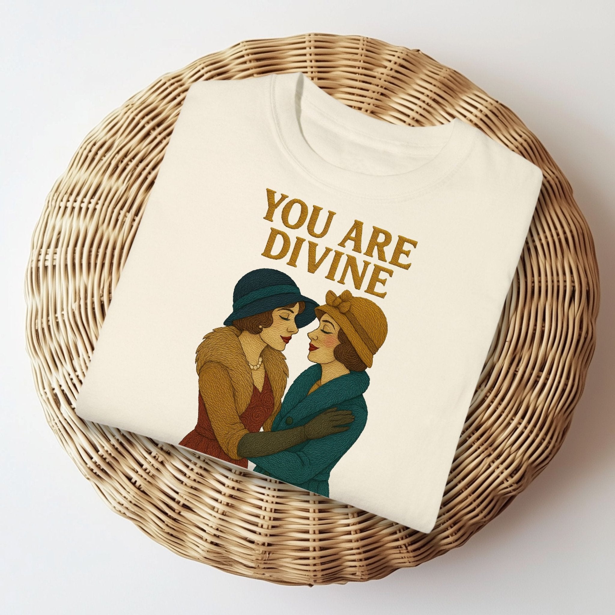 You Are Divine Tee, Vintage Lesbian Couple T-Shirt, Embroidered Style Sapphic Affirmation Shirt, Queer Pride Gift for Her - Craig Michael Design