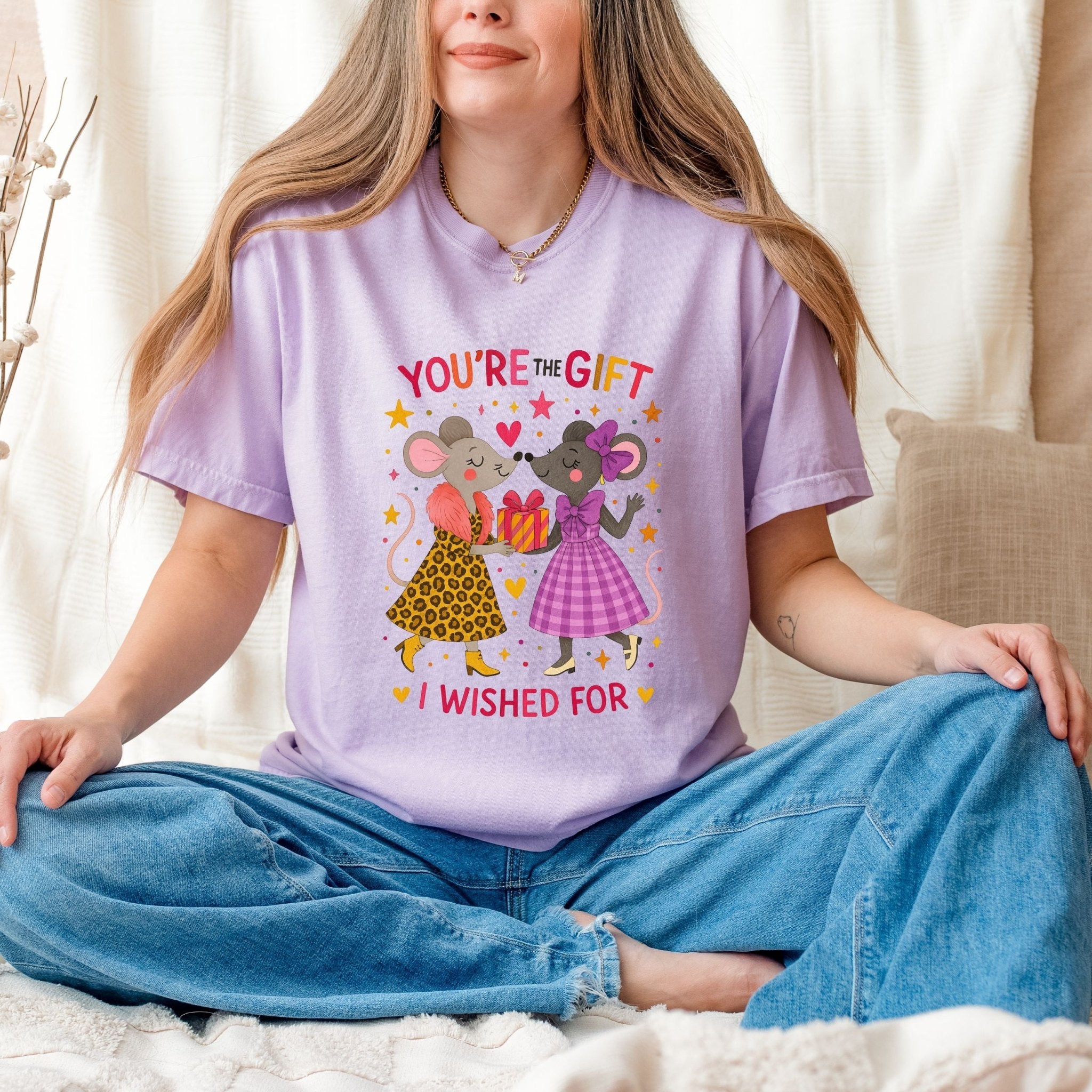 You're the Gift I Wished For Tee, Comfort Colours Lesbian Birthday Shirt, Mouse Couple T-Shirt for Her, Cute LGBTQ Gift for Girlfriend - Craig Michael Design
