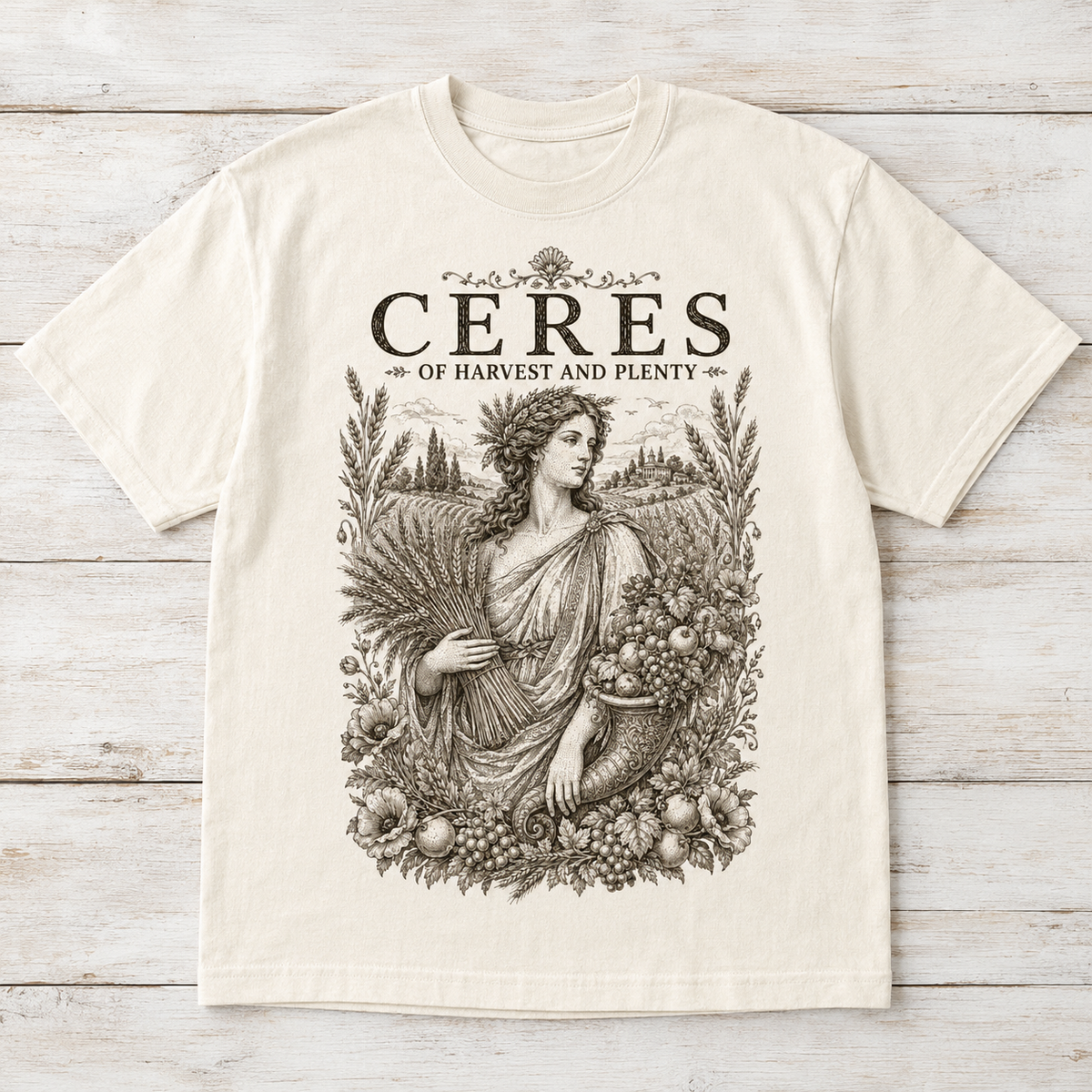 T-shirt with illustration of Ceres holding wheat and a cornucopia of fruit.