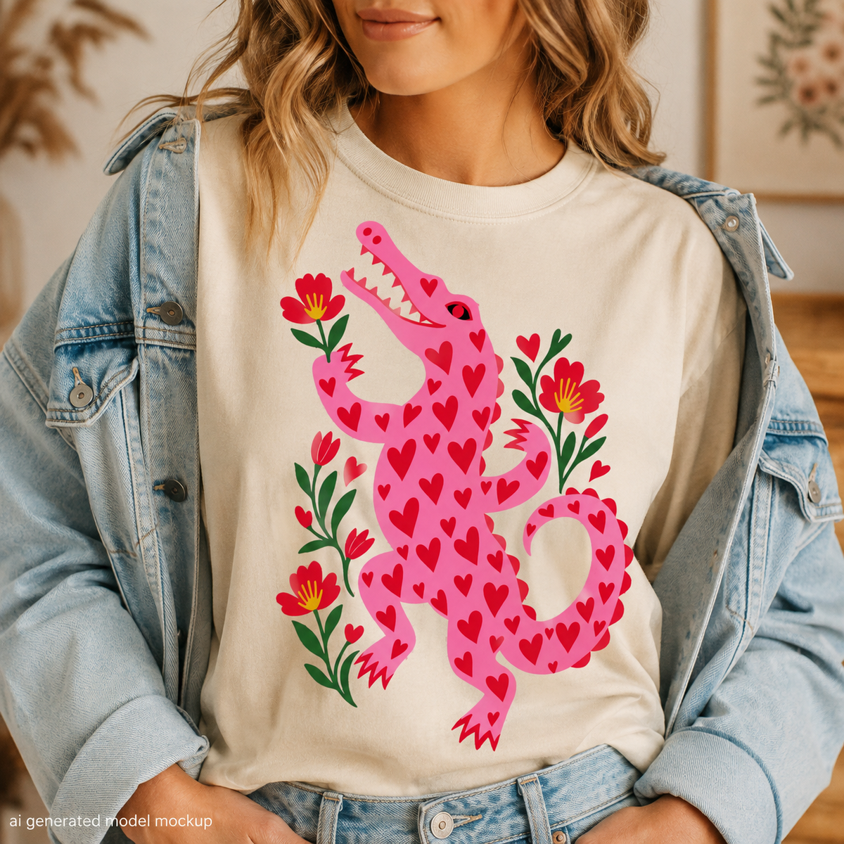 Pink alligator covered in hearts, holding a flower with red blossoms.