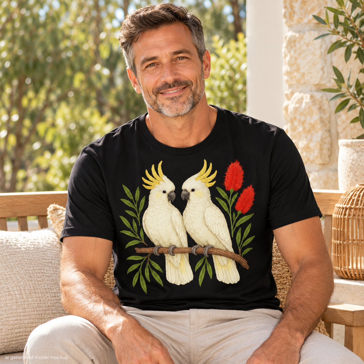 Man wearing a black T-shirt featuring two sulphur-crested cockatoos and native bottlebrush on a garden veranda.