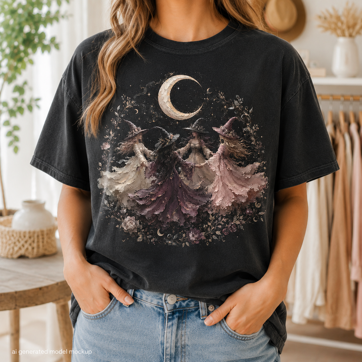 T-shirt graphic: moonlit circle of witches in flowing gowns holding hands.
