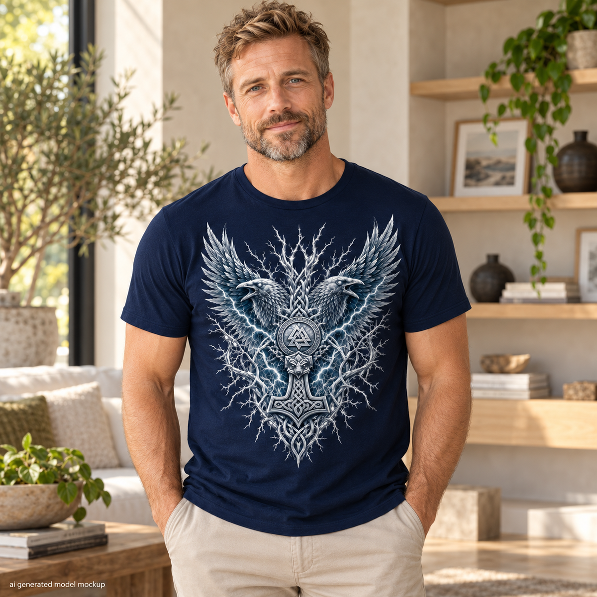 Man wearing a Navy Norse raven T-shirt with silver-grey ravens, knotwork and Thor's hammer.