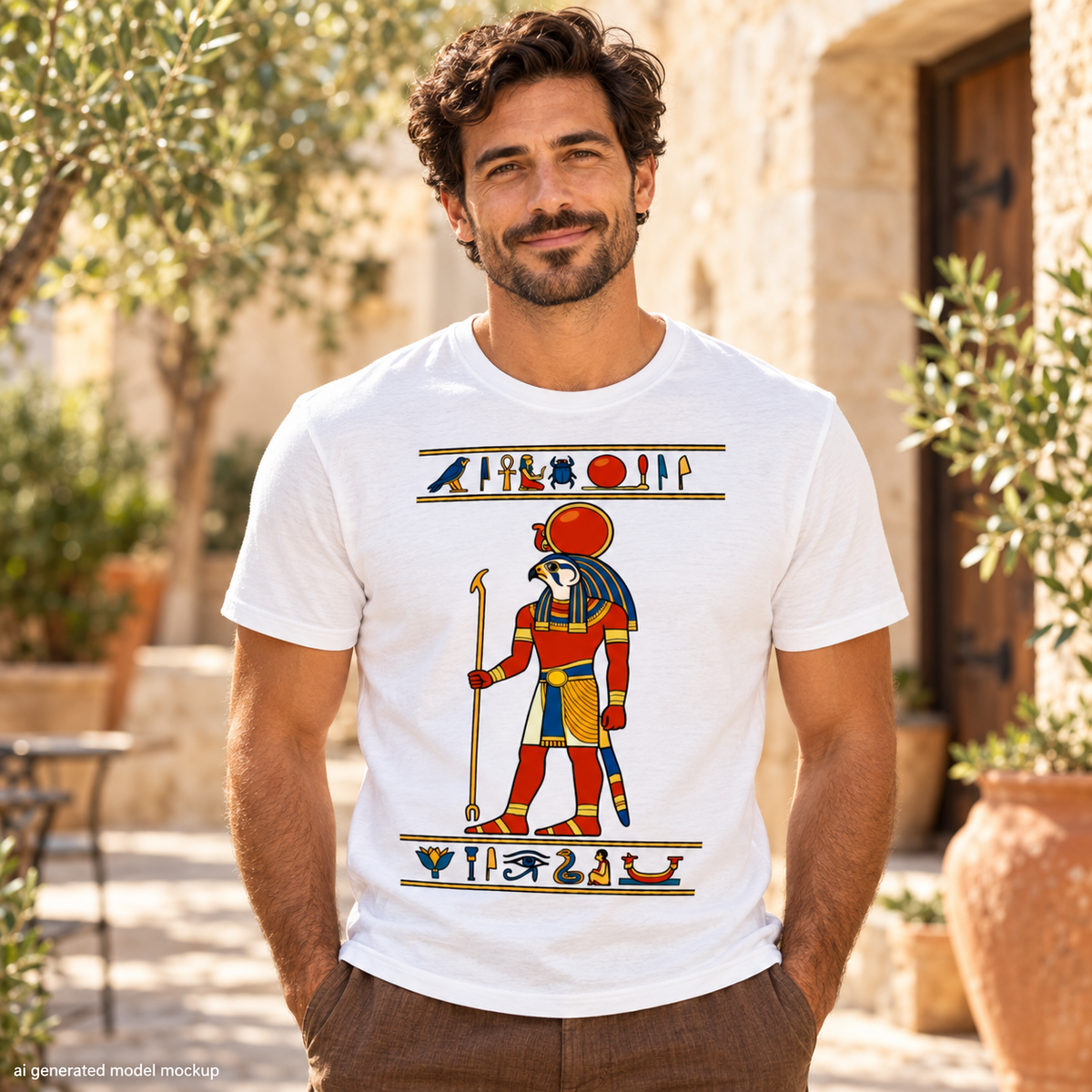Man wearing a white Horus Egyptian god T-shirt with colourful hieroglyphic borders in a sandstone courtyard.