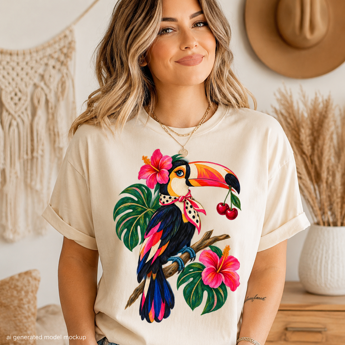 Cream t-shirt with colorful toucan, cherry, and hibiscus flower graphic.