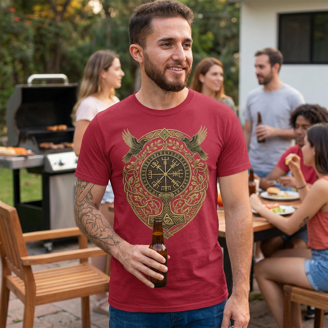 Man in red t-shirt with Viking symbol and birds at an outdoor barbecue.