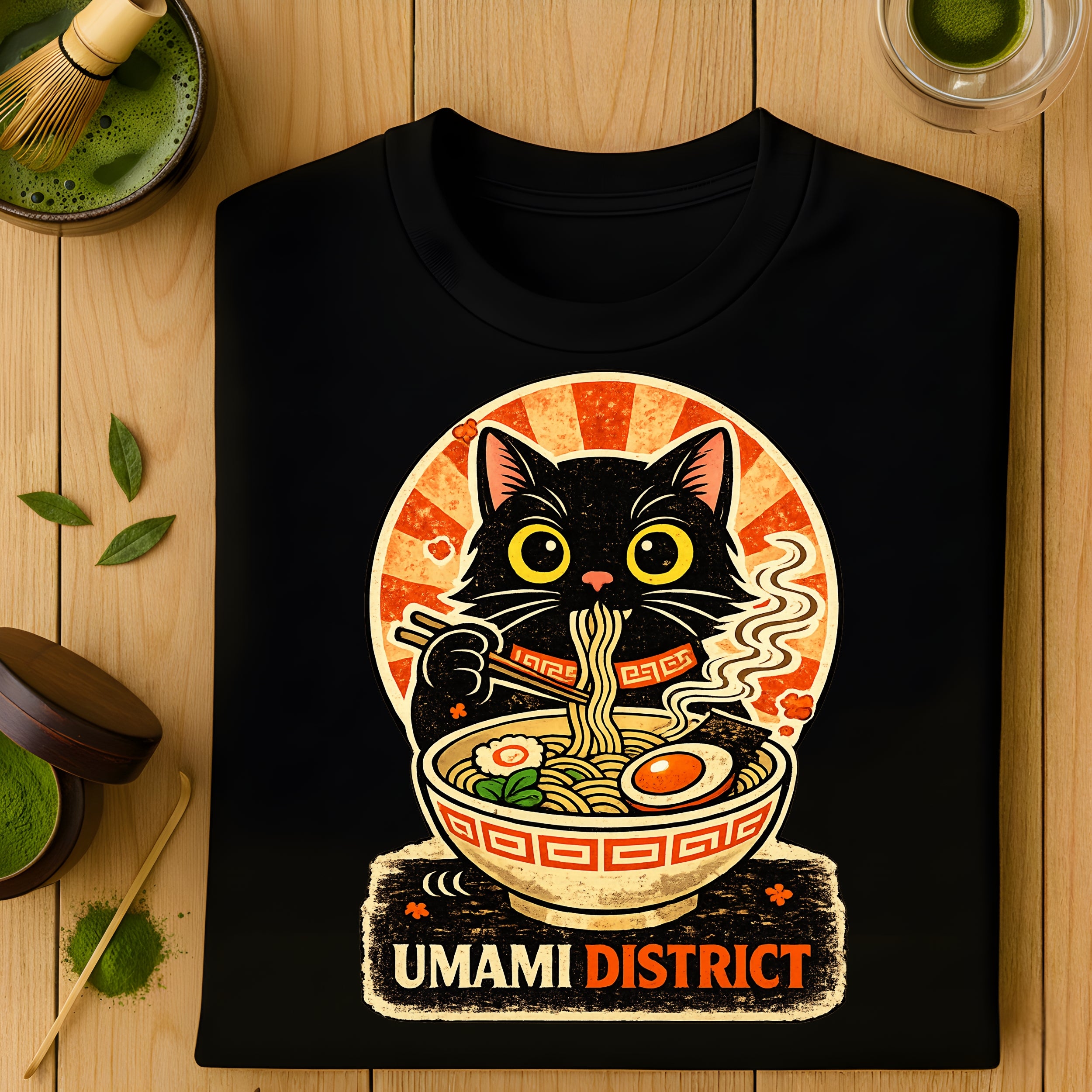 Adorable Cat Enjoying Ramen Umami District Shirt