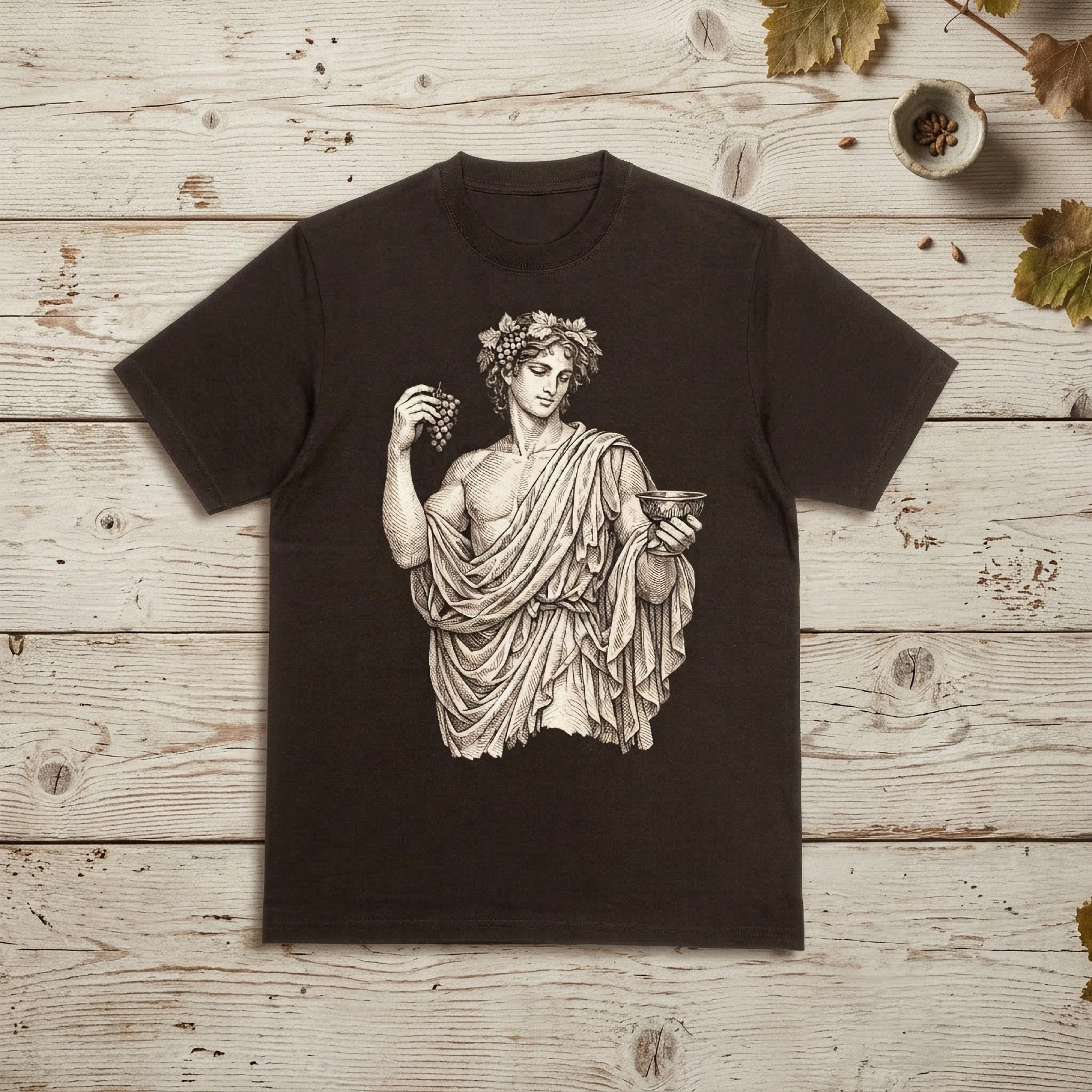 Black t-shirt featuring a vintage illustration of Bacchus holding a goblet.