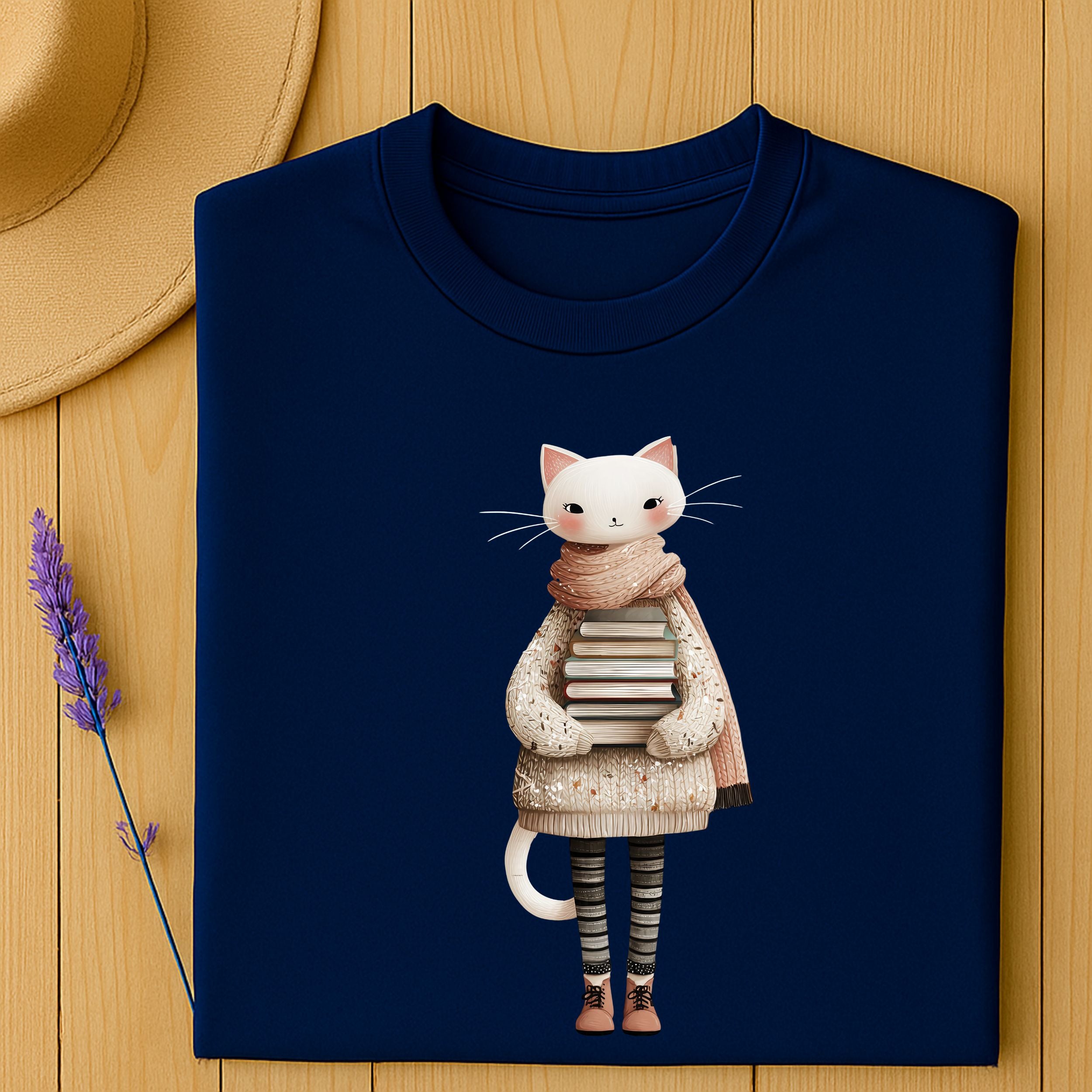 Cute Cat Holding Books Illustration on Navy Blue Shirt