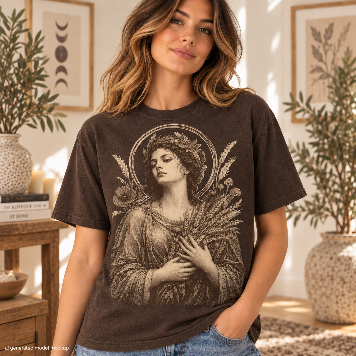 Woman wearing a dark brown t-shirt with a vintage-style graphic of a woman holding wheat.