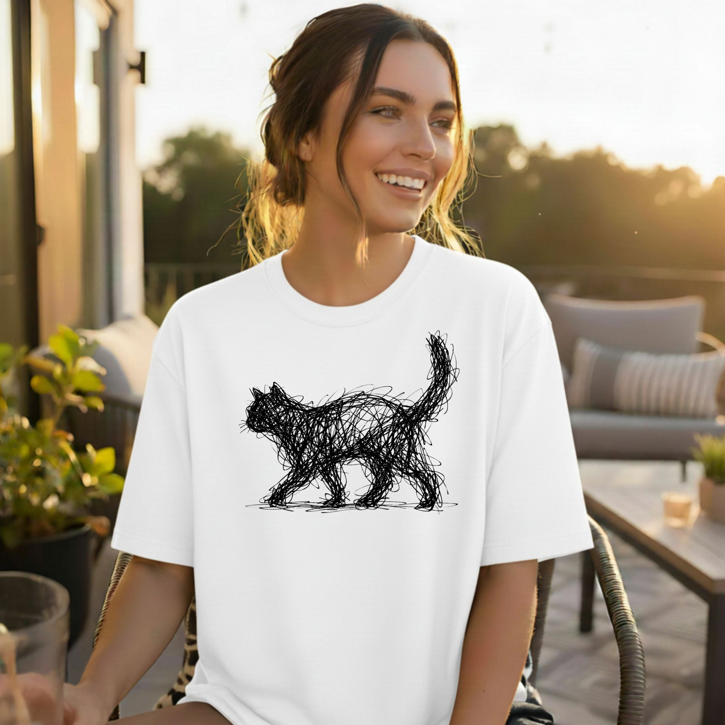 Abstract Scribble Cat Design Loose Fit T-shirt