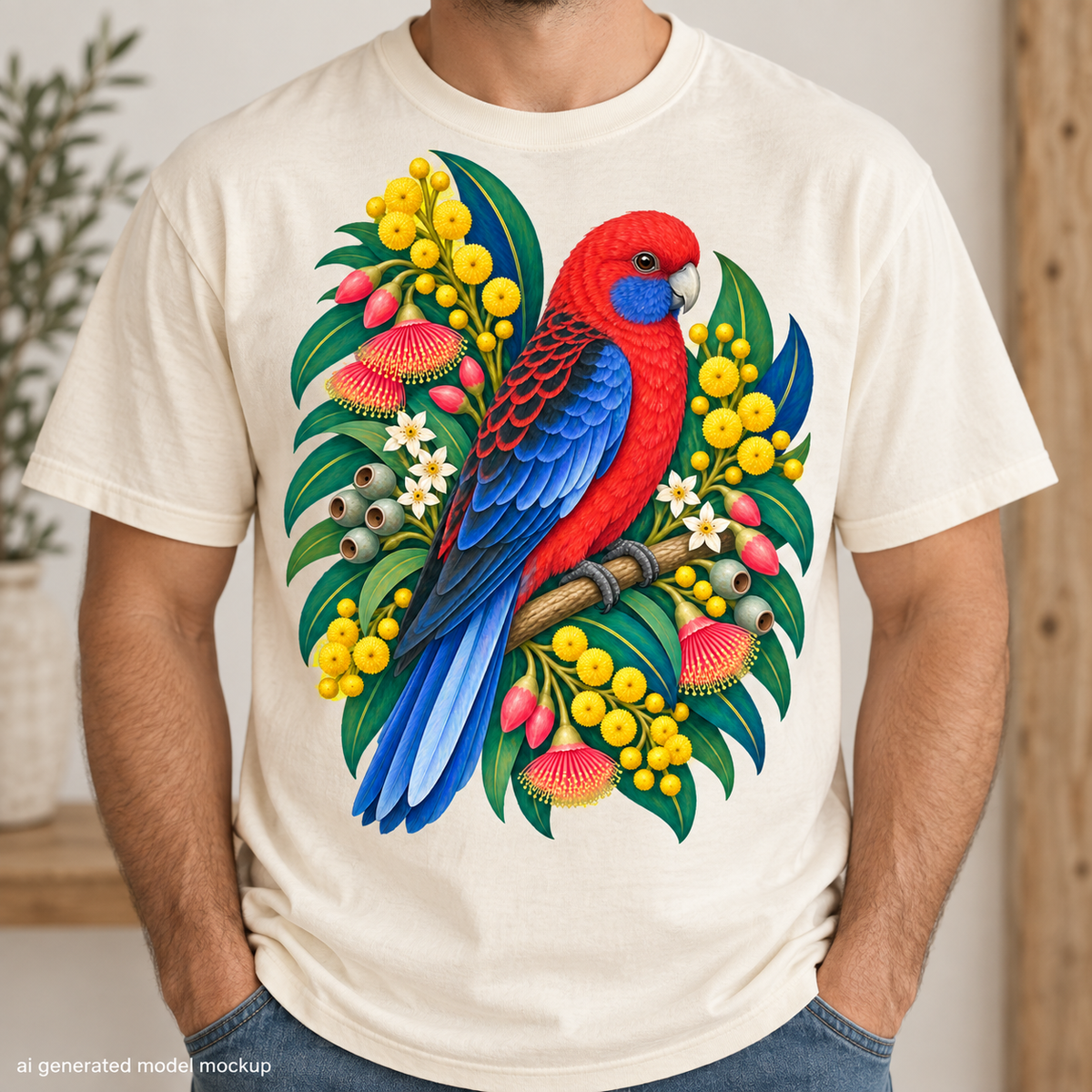 Crimson rosella parrot perched on a branch with Australian wildflowers and foliage.