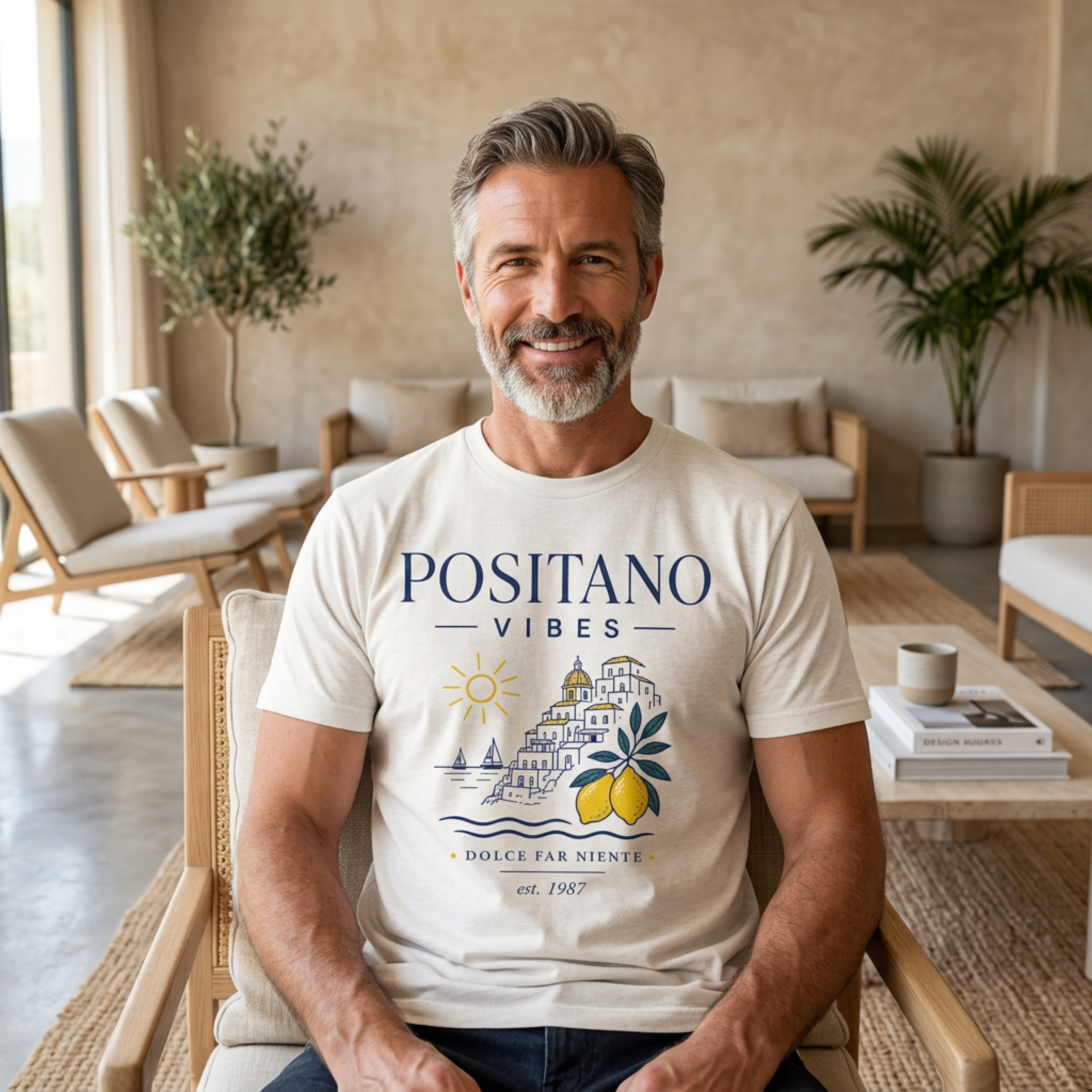 Man wearing a cream t-shirt with "Positano Vibes" and lemons graphic.