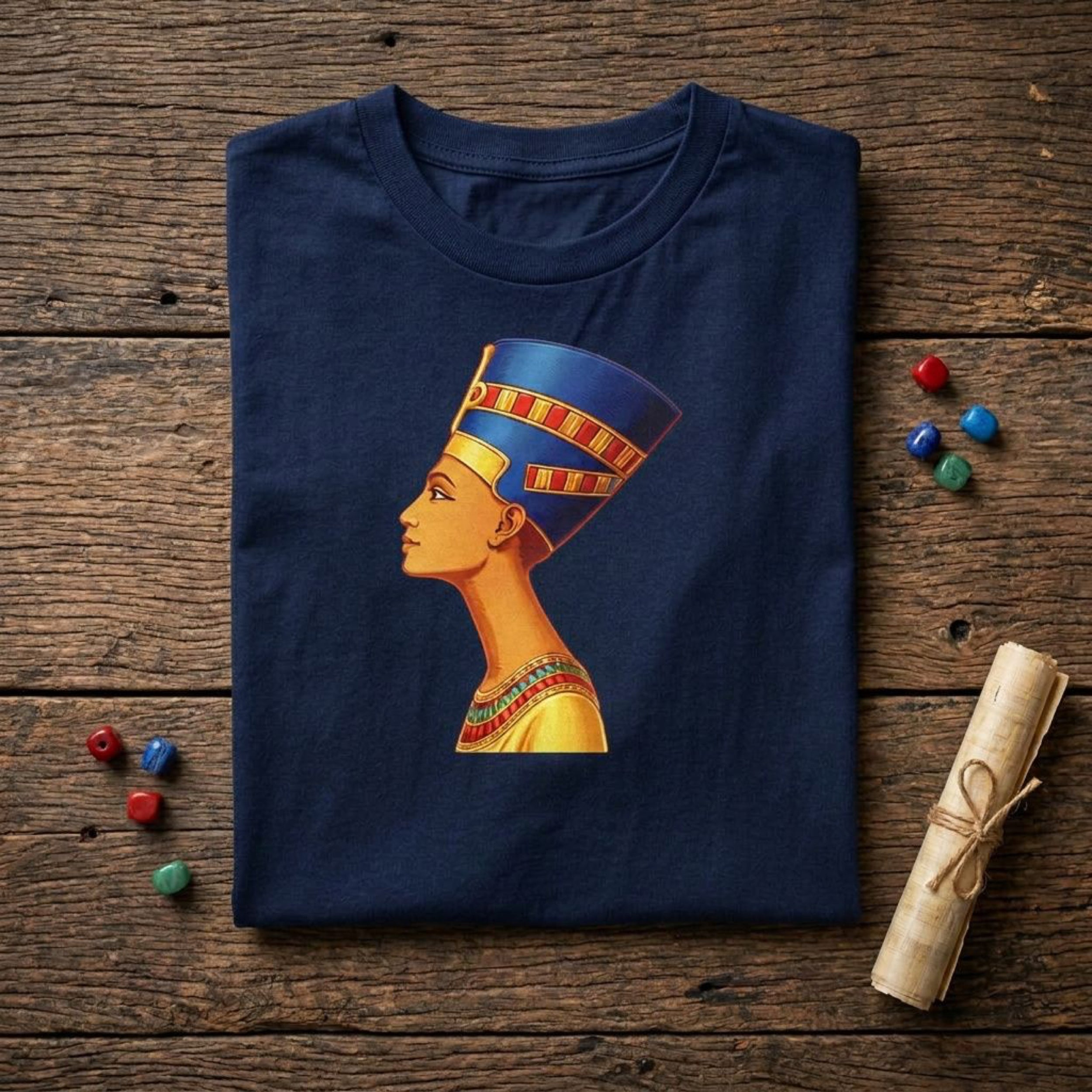 Dark blue t-shirt featuring a profile illustration of Queen Nefertiti's bust.